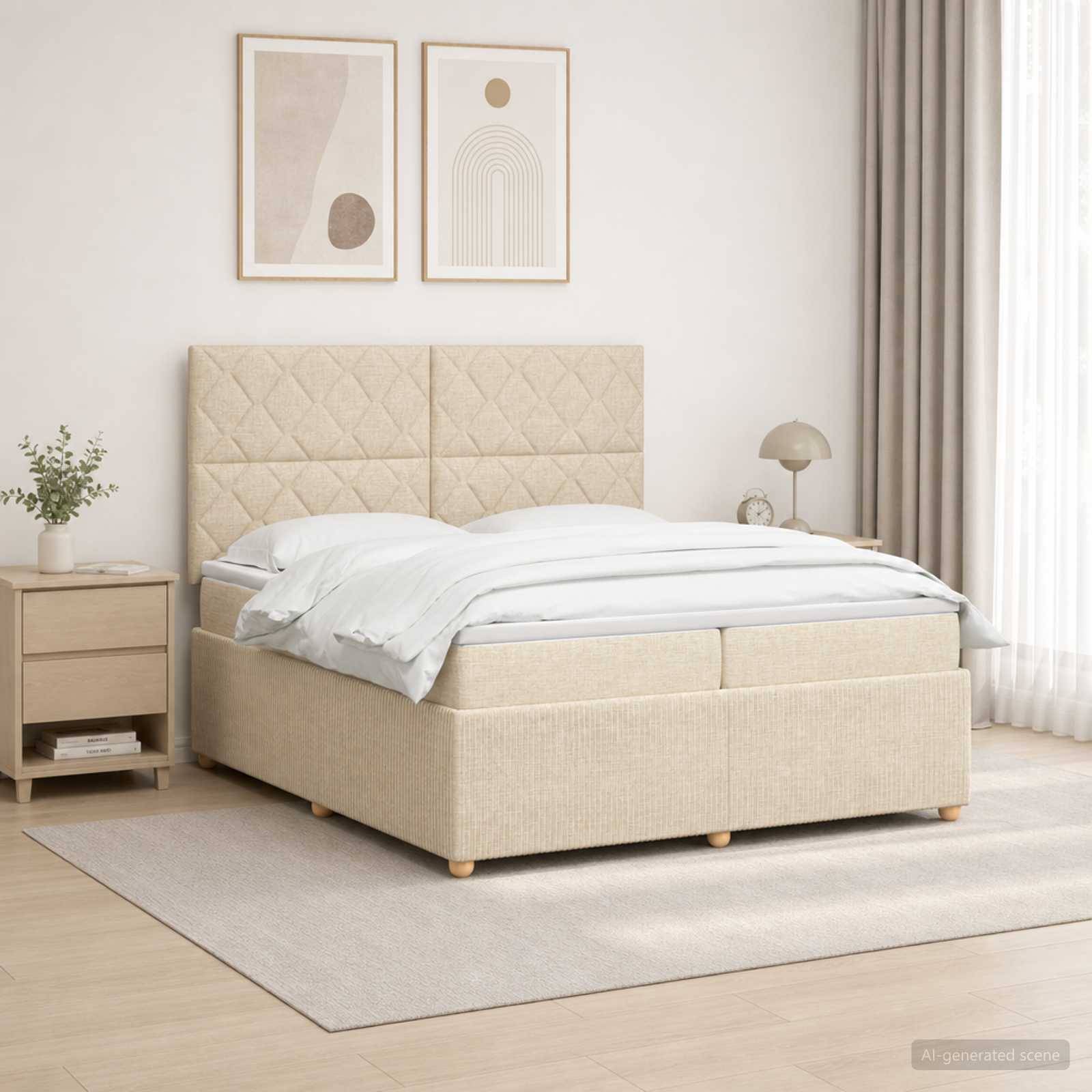 Minimalistisches Schlafzimmer in Beige mit gepolstertem Bett, weißer Bettwäsche, Nachttisch, Lampe und abstrakter Wandkunst neben einem Fenster.