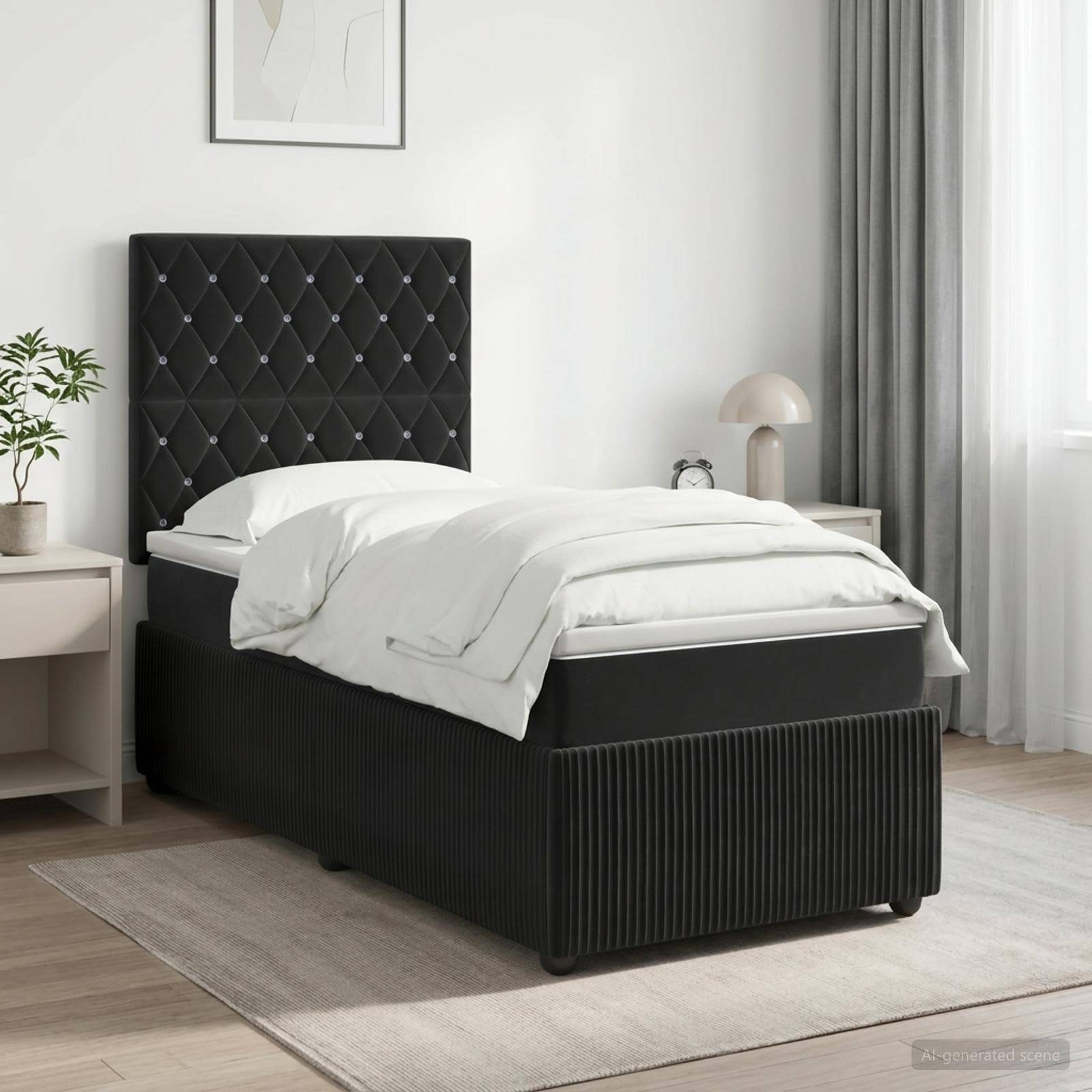 Modernes Schlafzimmer mit einem schwarzen gepolsterten Einzelbett, weißer Bettwäsche, Nachttischen, Lampe, Pflanze und grauen Vorhängen.