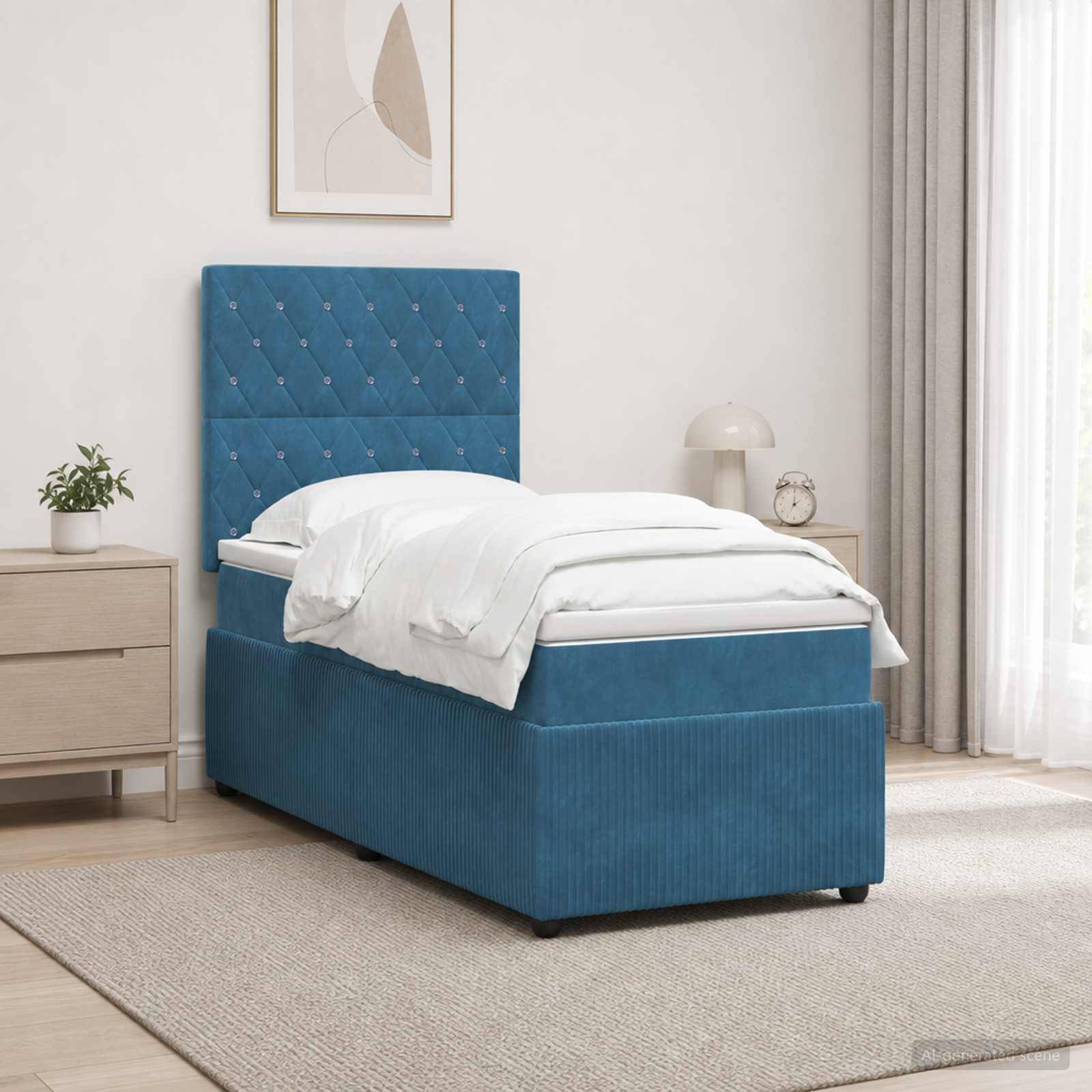 Blaugepolstertes Einzelbett mit gestepptem Kopfteil in einem hellen Schlafzimmer, ausgestattet mit weißer Bettwäsche und flankiert von Nachttischen und einer Lampe.