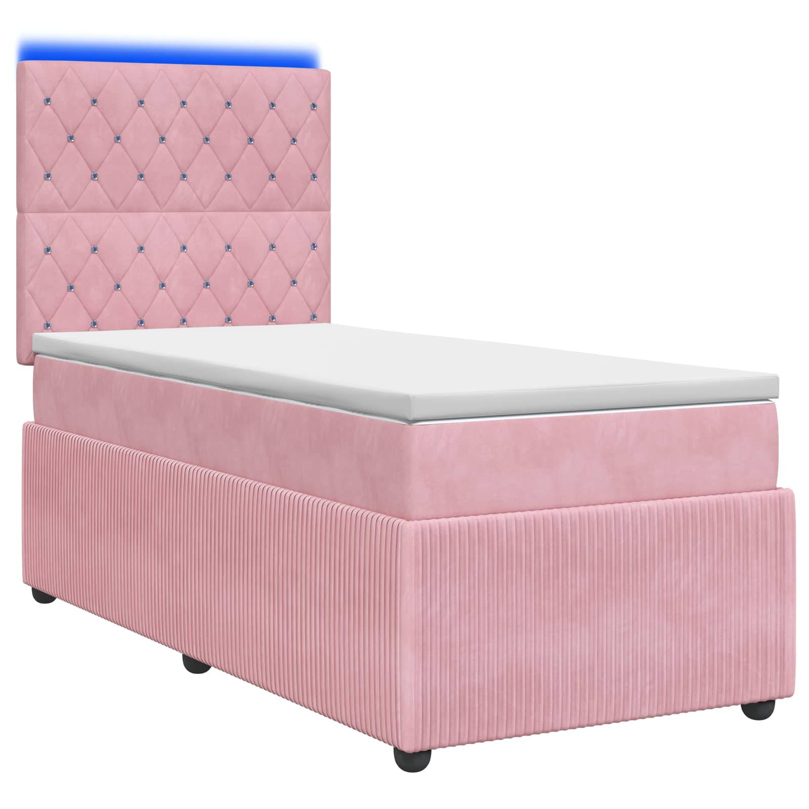 Rosa gepolstertes Bett mit gestepptem Kopfteil und weißer Matratze, gezeigt in einer produktähnlichen Ansicht auf weißem Hintergrund.