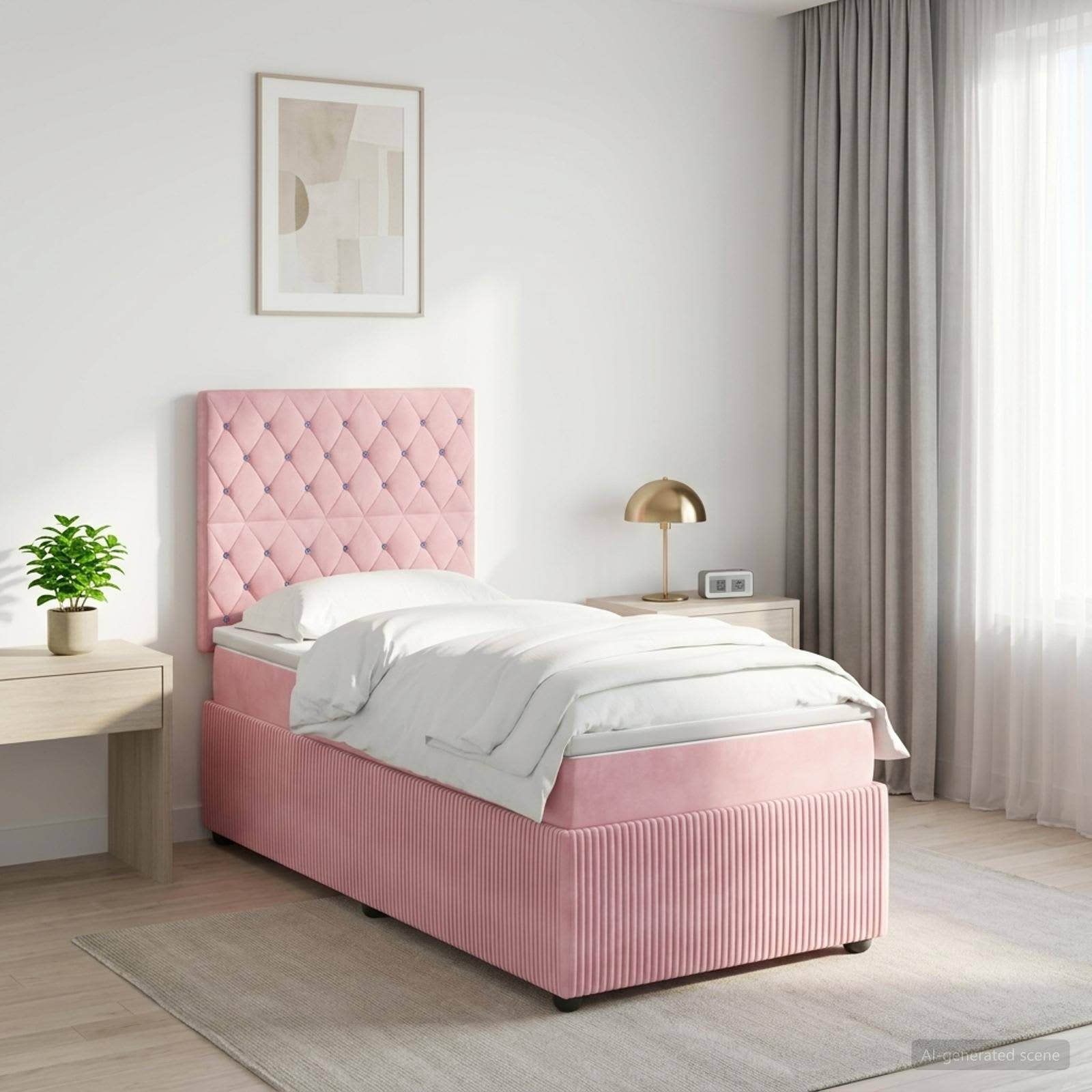 Rosa gepolstertes Einzelbett in einem hellen modernen Schlafzimmer mit weißer Bettwäsche, Nachttischen, Lampe, Pflanze und Vorhängen am Fenster.