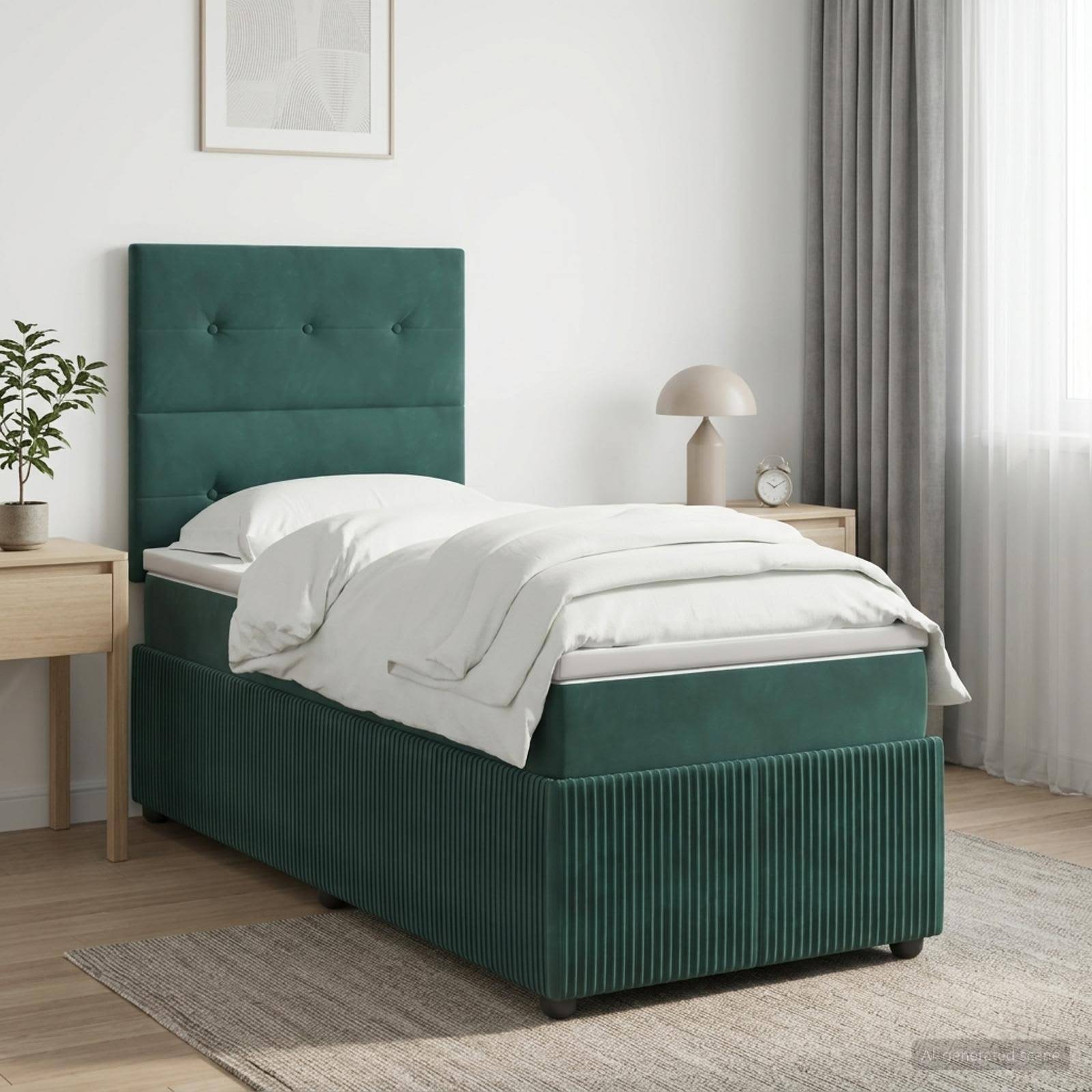 Ein grünes gepolstertes Bett mit hohem gestepptem Kopfteil in einem hellen modernen Schlafzimmer, gezeigt mit weißer Bettwäsche, Nachttischen, Lampe und Vorhängen.