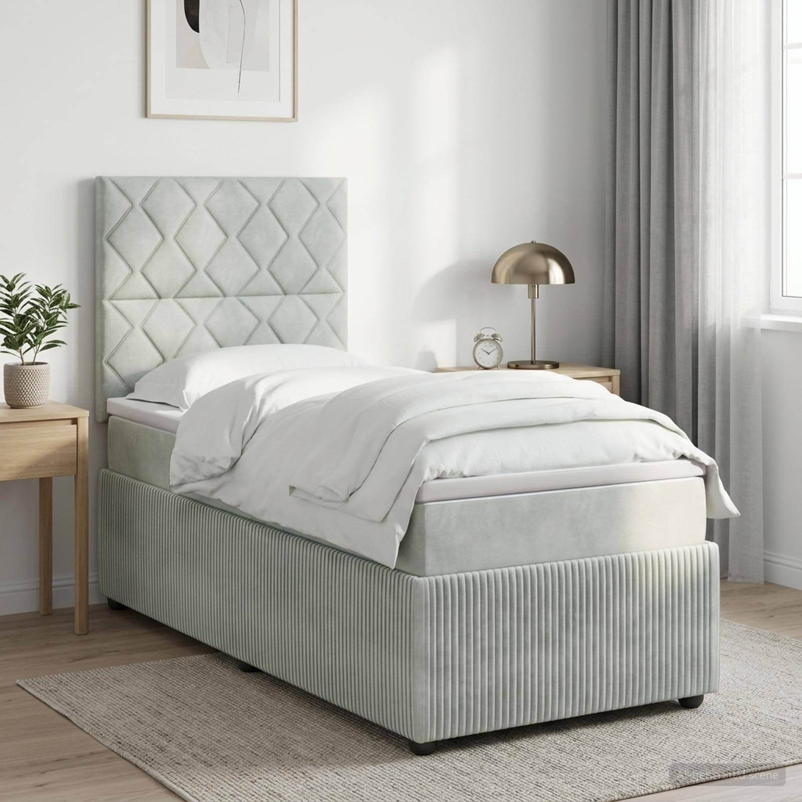 Modernes Schlafzimmer mit einem hellgrün gepolsterten Einzelbett, weißer Bettwäsche, Nachttischen, Lampe, Pflanze und transparenten Vorhängen in einem hellen minimalistischen Raum.