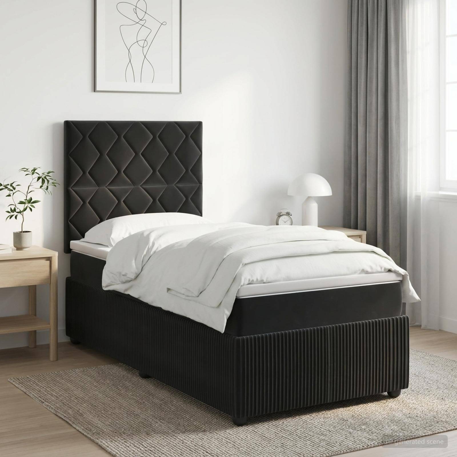 Minimales Schlafzimmer mit einem schwarzen gepolsterten Bett, weißer Bettwäsche, Nachttisch, Pflanze, Lampe, gerahmter Linienkunst und verhangenem Fenster.