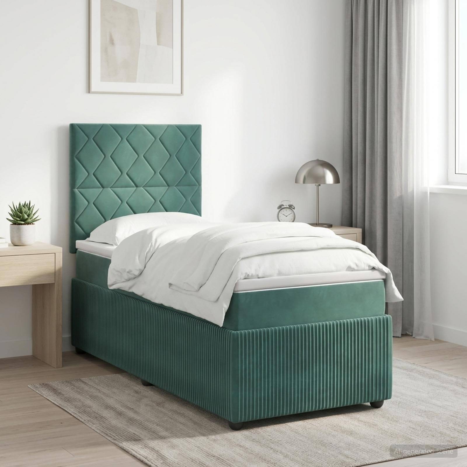 Modernes Schlafzimmer mit einem blaugrünen gepolsterten Einzelbett, weißer Bettwäsche, Nachttisch mit Lampe und Wecker sowie einem hellen Fenster mit Vorhängen.