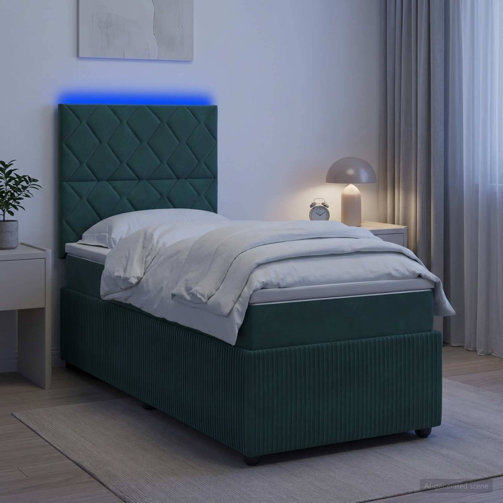 Modernes Schlafzimmer mit einem Einzelbett mit grünem gepolstertem Kopfteil, beleuchtet durch blaues LED-Licht, weißer Bettwäsche, Nachttischlampe und Vorhängen.