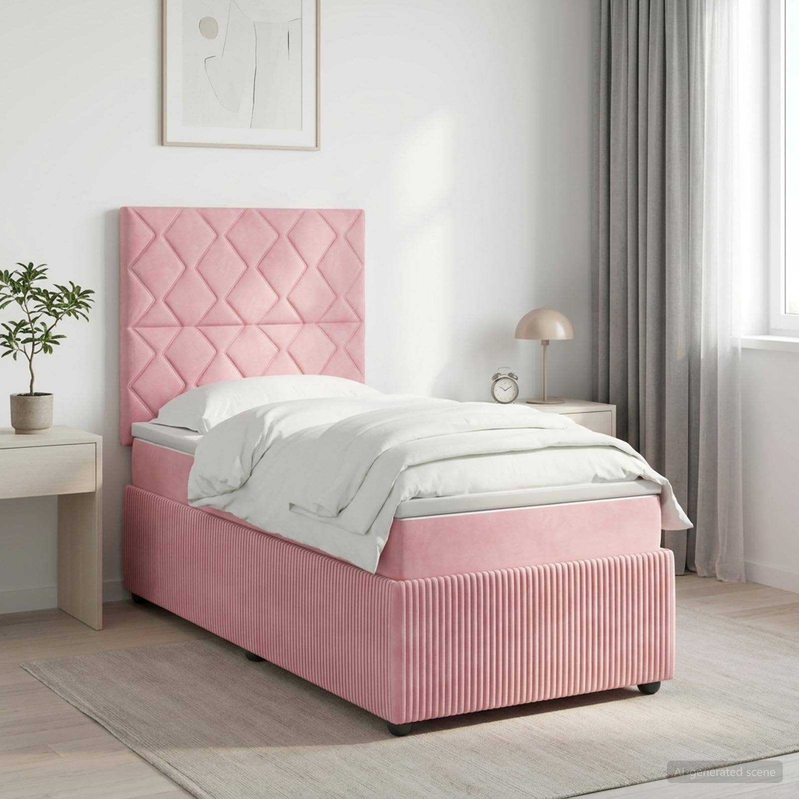 Rosa gepolstertes Einzelbett mit rautengemustertem Kopfteil, weiße Bettwäsche und passende Schlafzimmereinrichtung in einem hellen Zimmer