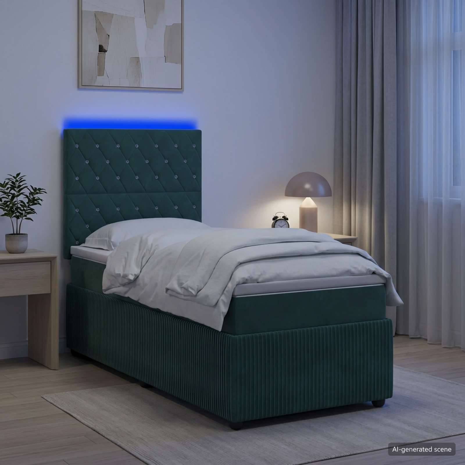 Modernes Schlafzimmer mit grün gepolstertem Bett, weißer Bettwäsche, blau hinterleuchtetem Kopfteil, Nachttischlampe, Vorhang und Pflanze.
