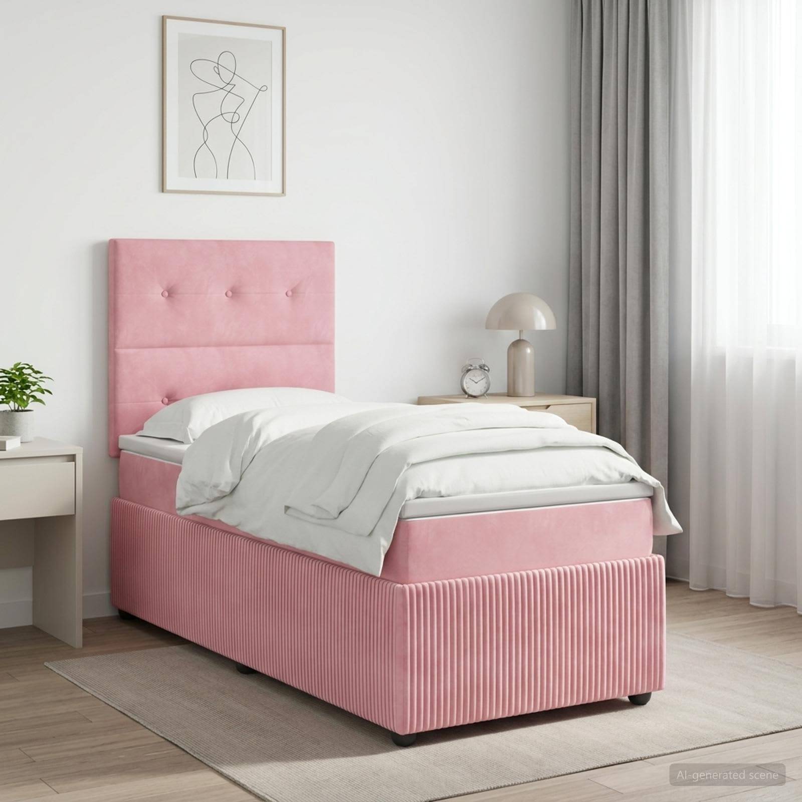 Rosafarbenes gepolstertes Einzelbett in einem hellen, minimalistischen Schlafzimmer mit weißer Bettwäsche, Nachttischen, Lampe, Vorhängen und Wandkunst.