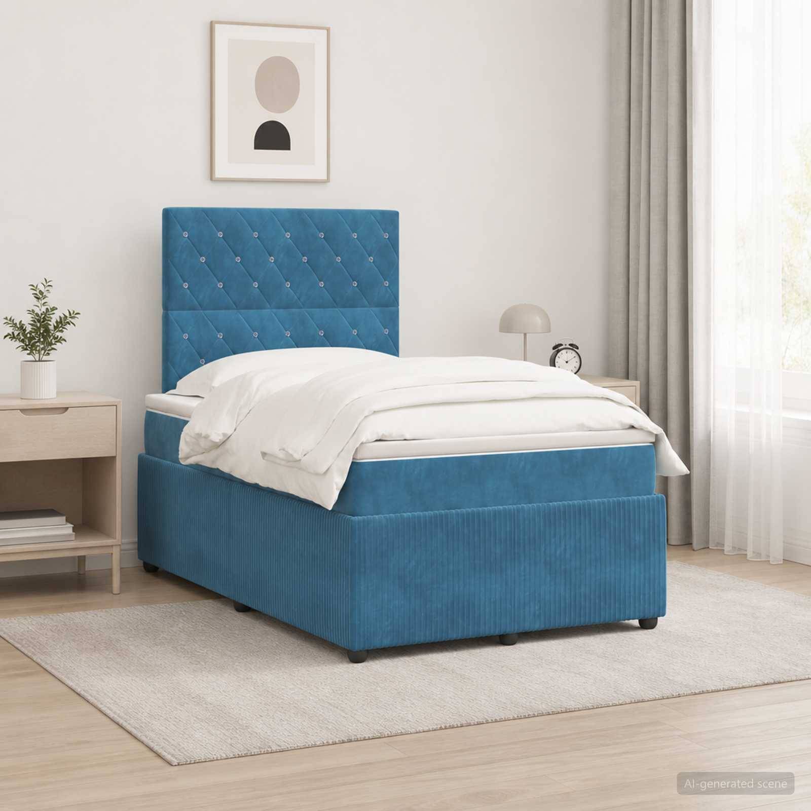 Blaues Polsterbett mit gestepptem Kopfteil in einem hellen, minimalistischen Schlafzimmer, mit weißer Bettwäsche, Nachttisch, Lampe und Wandkunst.