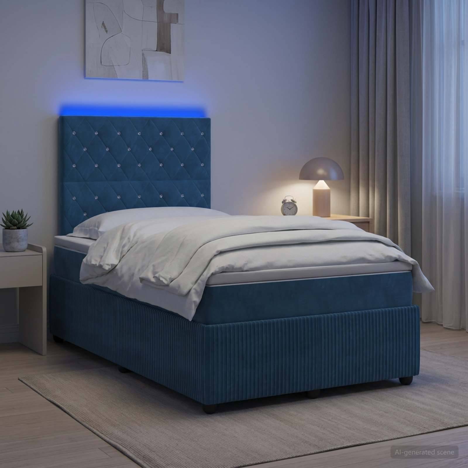 Bett mit blauem Polsterbezug und beleuchtetem Kopfteil in einem minimalistischen Schlafzimmer, ausgestattet mit weißer Bettwäsche neben einem kleinen Nachttisch und einer Lampe.