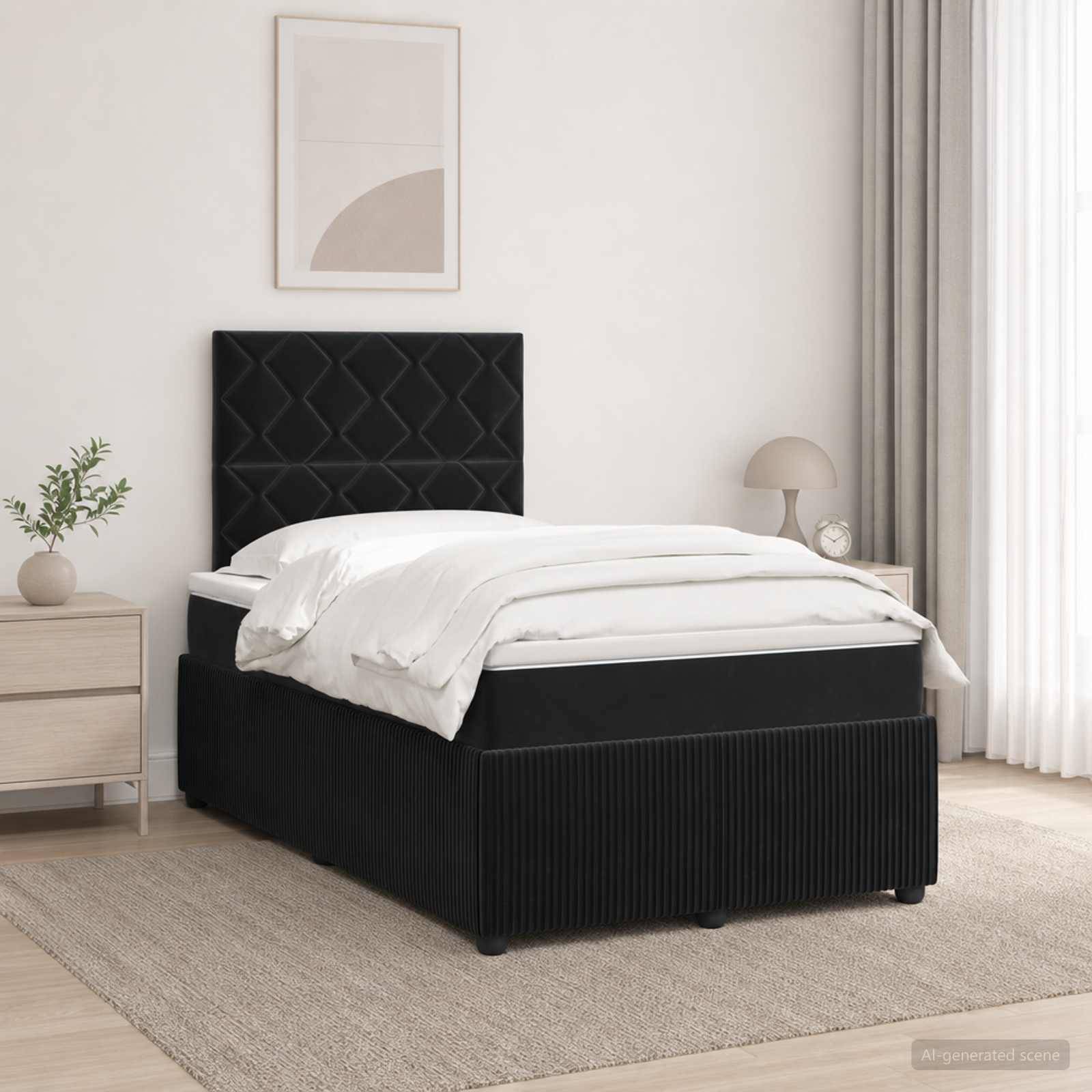 Minimales modernes Schlafzimmer mit einem schwarzen gepolsterten Bett, weißer Bettwäsche, Nachttischen, Lampe, Wandkunst in Rahmen und transparenten Vorhängen.