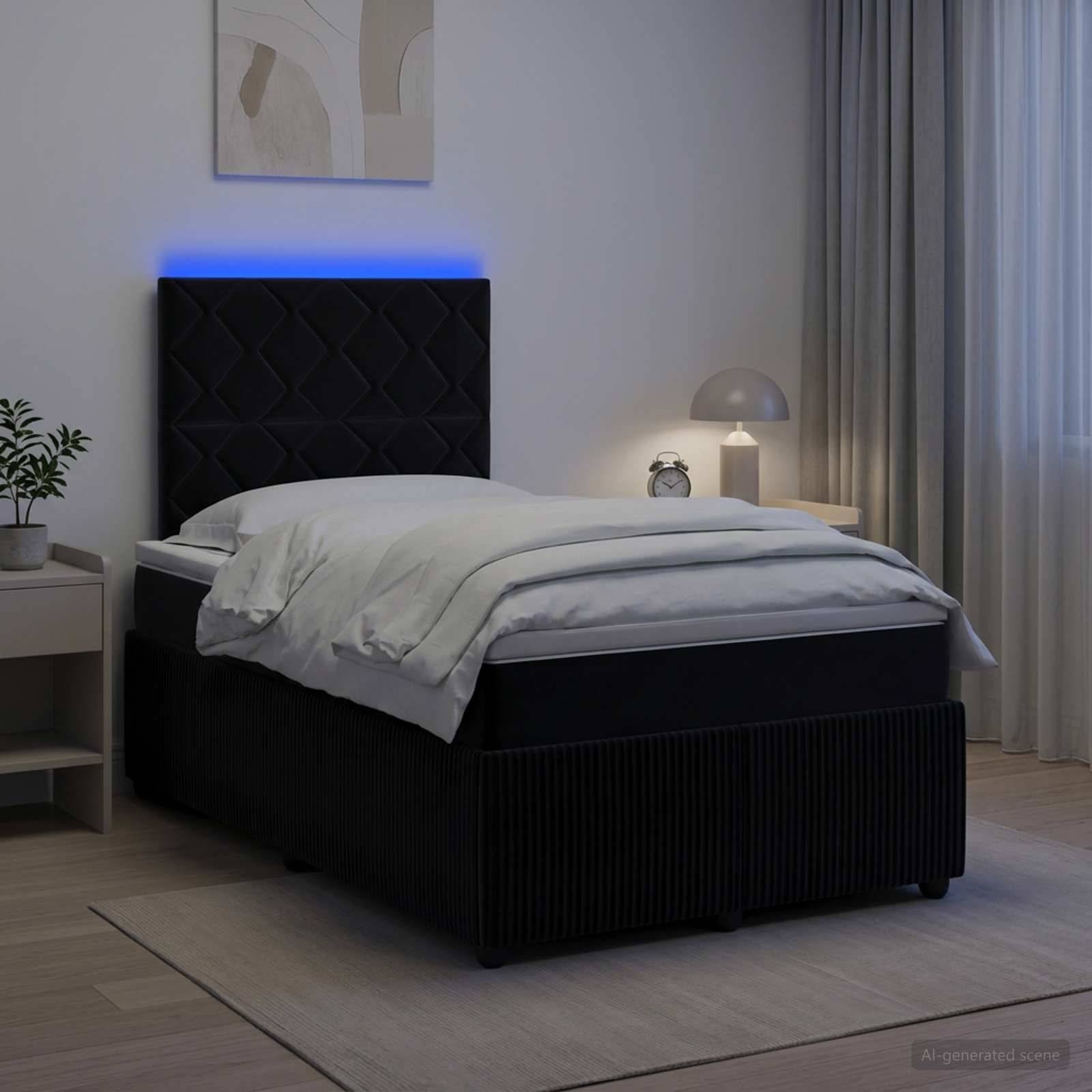 Modernes Schlafzimmer mit schwarzem gepolstertem Bett, weißer Bettwäsche, sanfter blauer Kopfbrettleuchte, Nachttischlampe, Vorhang und Wandkunst.