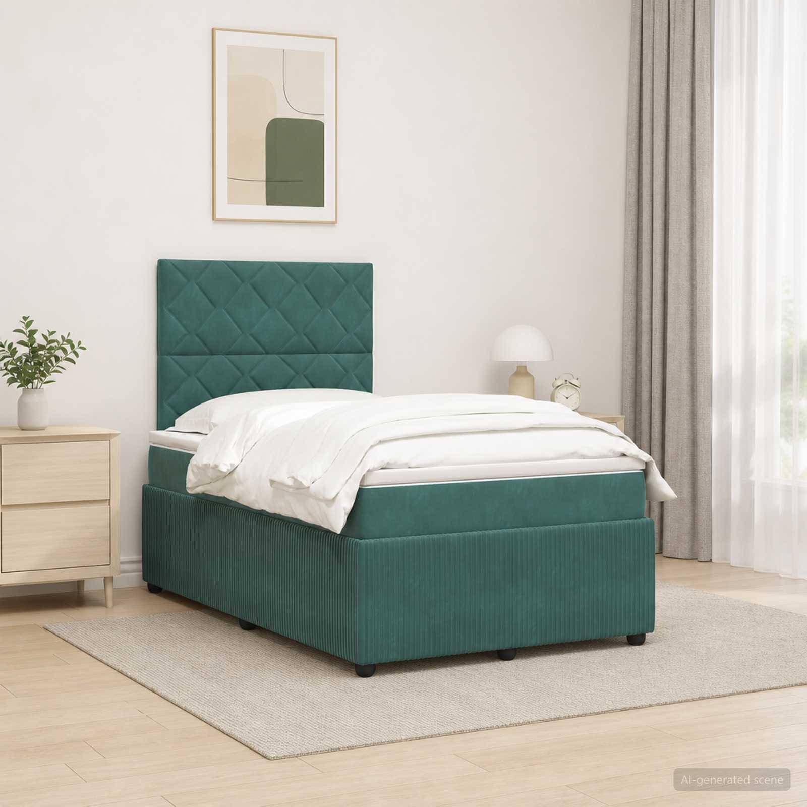 Ein modernes Schlafzimmer mit einem blaugrün gepolsterten Bett, weißer Bettwäsche, Nachttisch, Lampe, Pflanze und abstrakter Wandkunst auf einem neutralen Teppich.