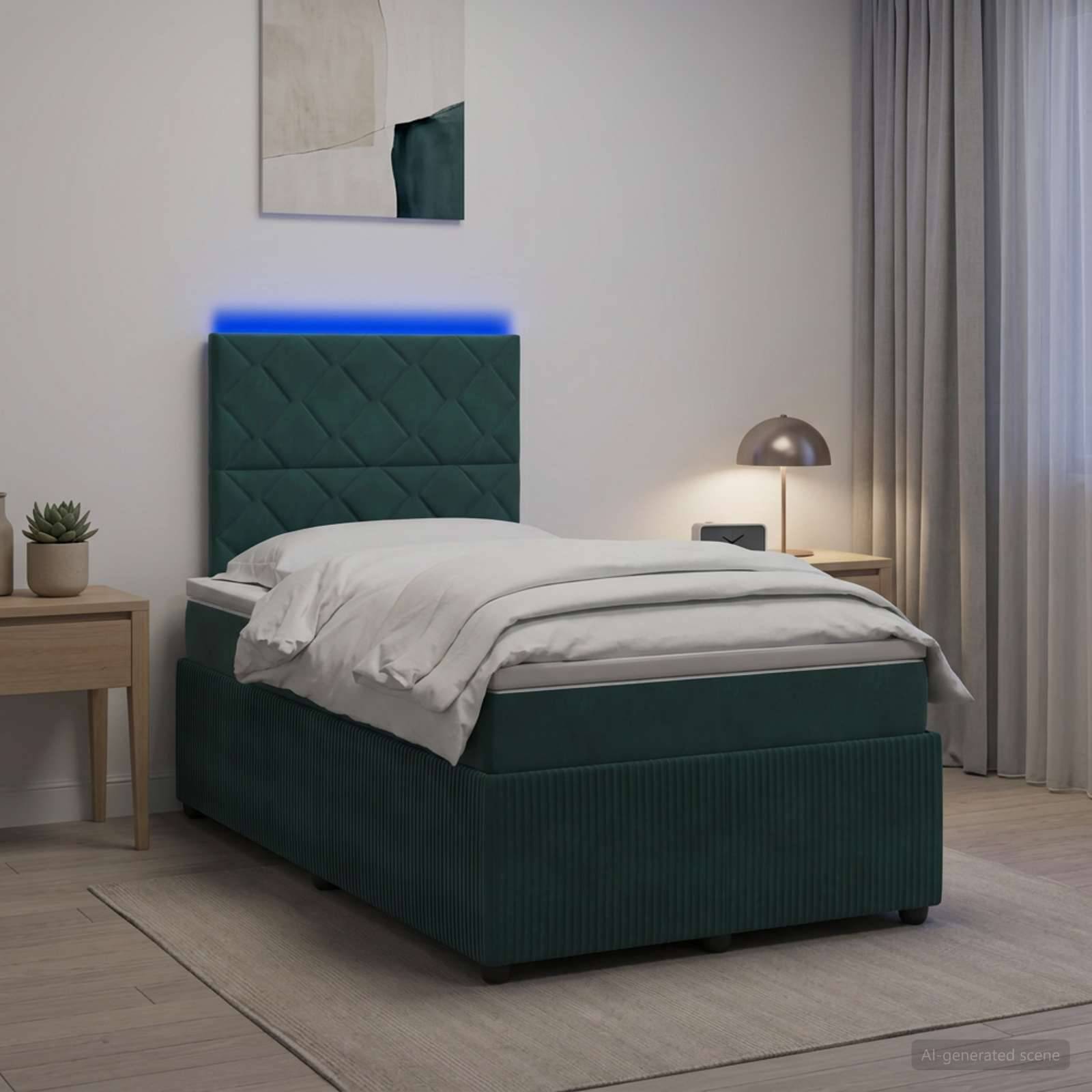 Modernes Schlafzimmer mit einem petrolblau gepolsterten Bett, weißer Bettwäsche, Nachttischen, Lampe und Vorhängen, gezeigt in einem weich beleuchteten minimalistischen Interieur.