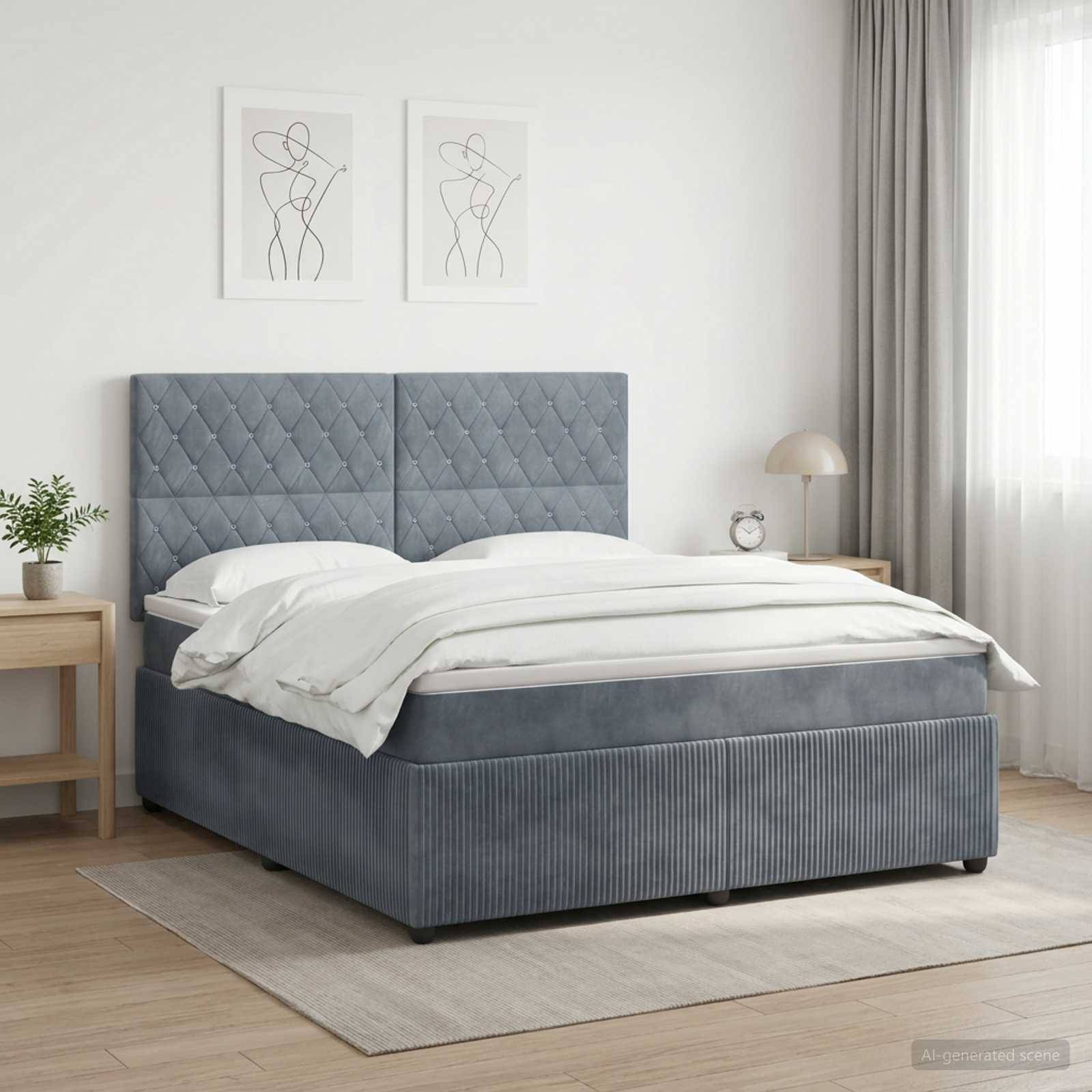 Modernes Schlafzimmer mit einem grau gepolsterten Bett, weißer Bettwäsche, Nachttischen, gerahmter Kunst und einem Fenster mit transparenten Vorhängen in einem hellen, minimalistischen Raum.