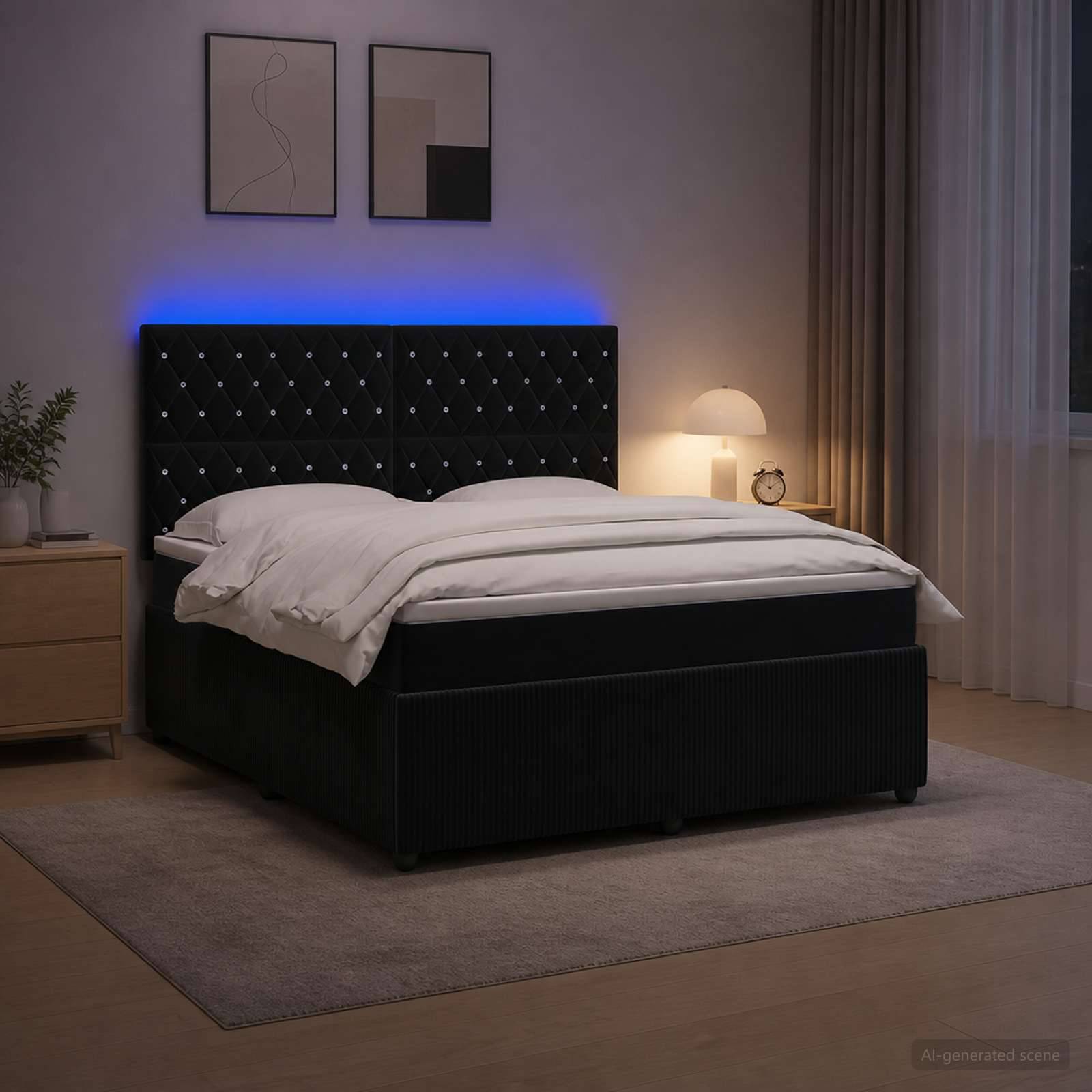 Ein modernes Schlafzimmer mit einem schwarzen gepolsterten Bett, weißer Bettwäsche, blau hinterleuchtetem Kopfteil, Nachttischlampe, Vorhängen und gerahmtem Wandbild.