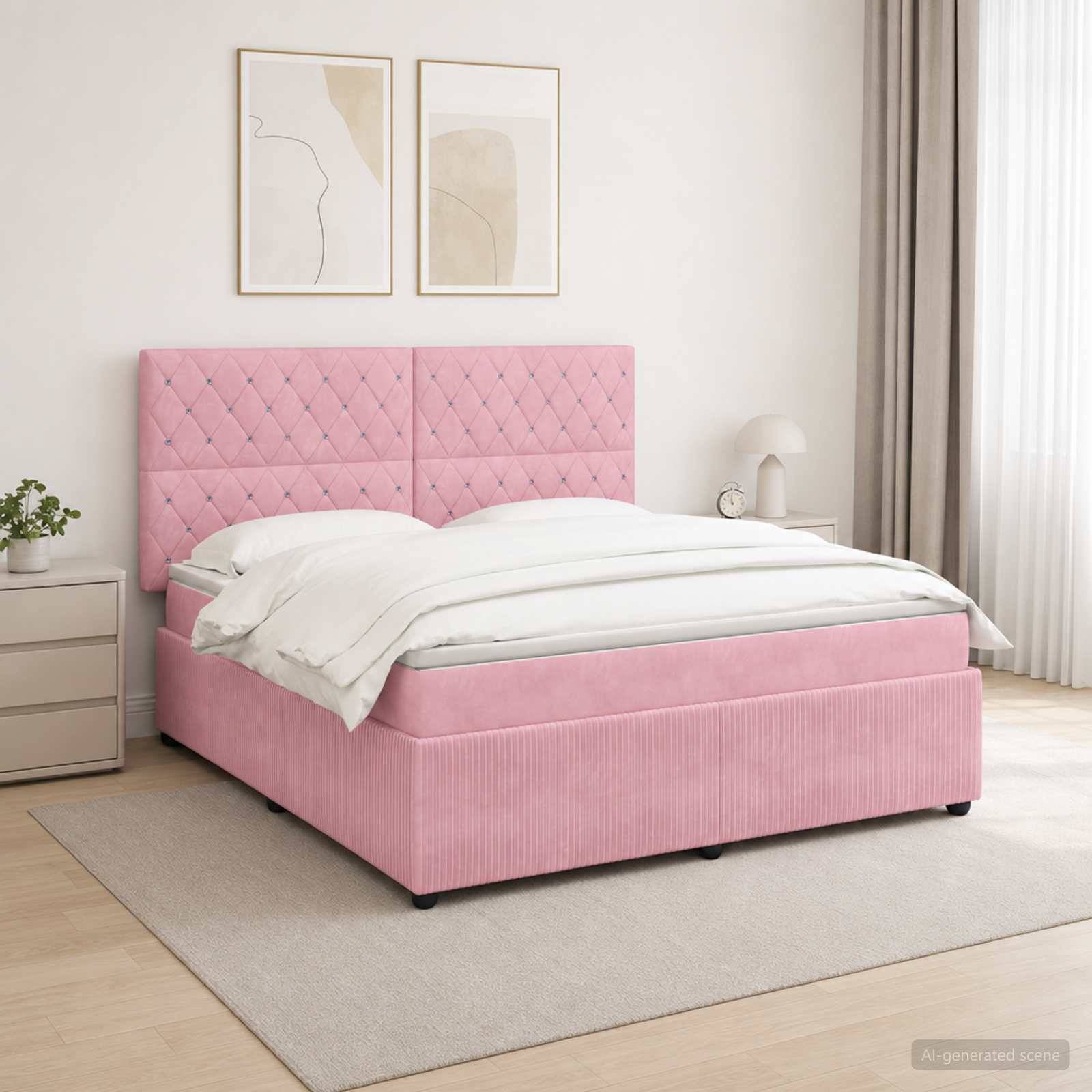 Rosa gepolstertes Bett mit gestepptem Kopfteil in einem hellen, minimalistischen Schlafzimmer mit weißer Bettwäsche, gerahmt Wandkunst, Nachttisch und beigem Teppich.