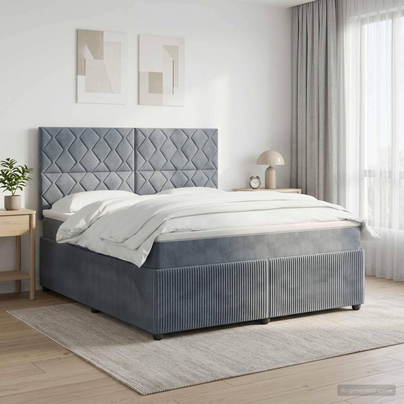 Modernes Schlafzimmer mit einem grau gepolsterten Bett, weißer Bettwäsche, Nachttischen, gerahmten Wandbildern und durchscheinenden Vorhängen in einem hellen, minimalistischen Raum.