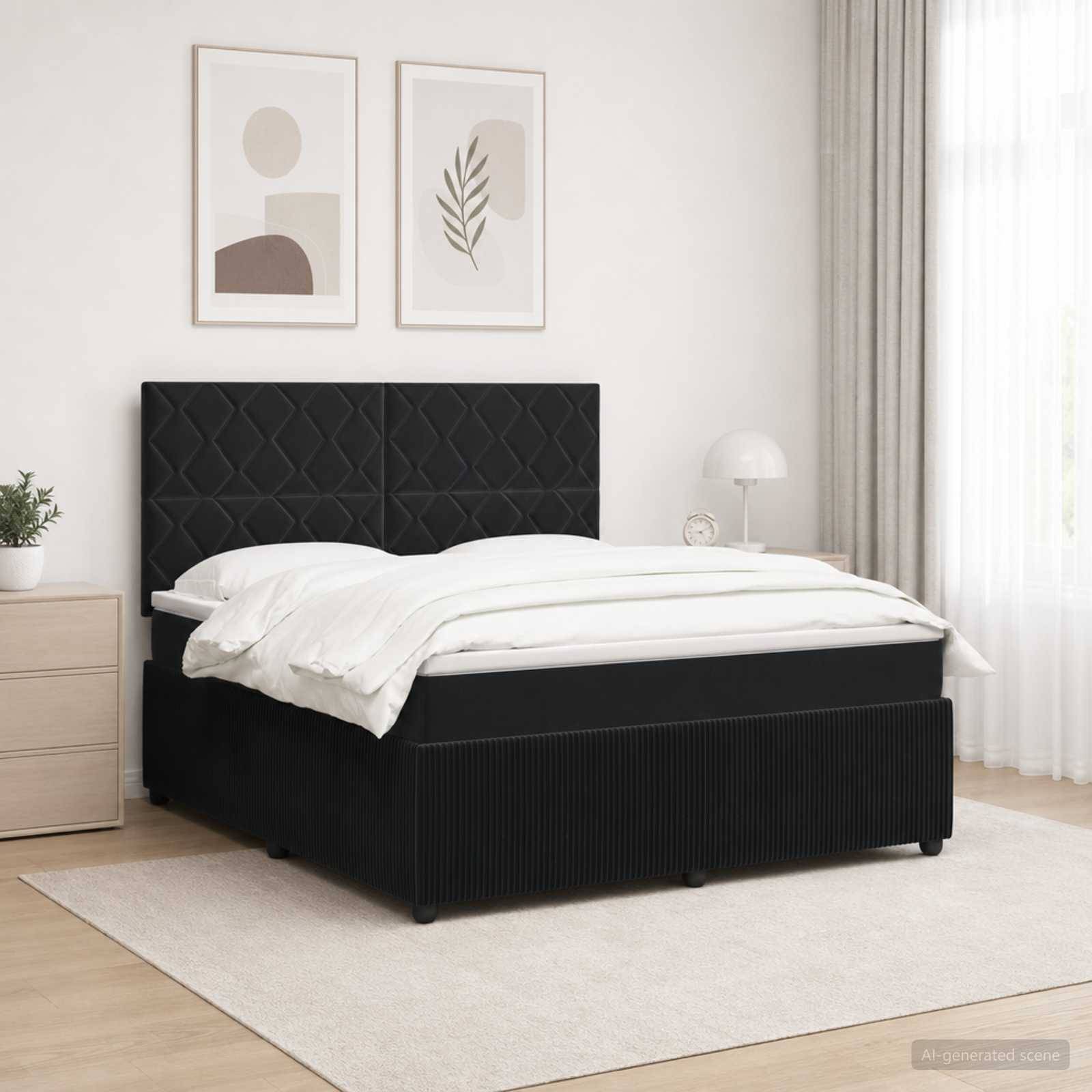 Minimales modernes Schlafzimmer mit einem schwarz gepolsterten Bett, weißer Bettwäsche, Wandkunst im Rahmen, Nachttisch und hellen Fenstergardinen.