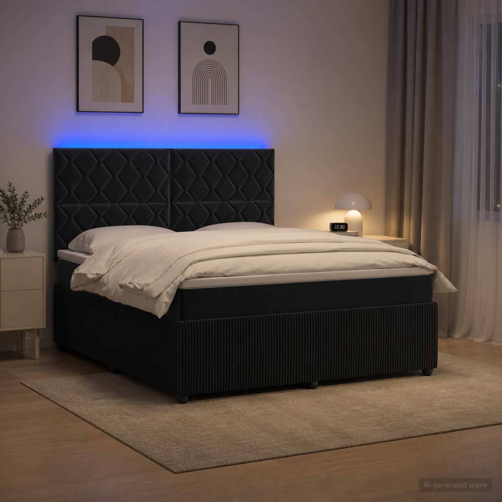 Modernes Schlafzimmer mit einem schwarzen gepolsterten Bett, weißer Bettwäsche, blauer LED-Kopfteilbeleuchtung, Nachttischlampe, gerahmter Wandkunst und einem Teppich.