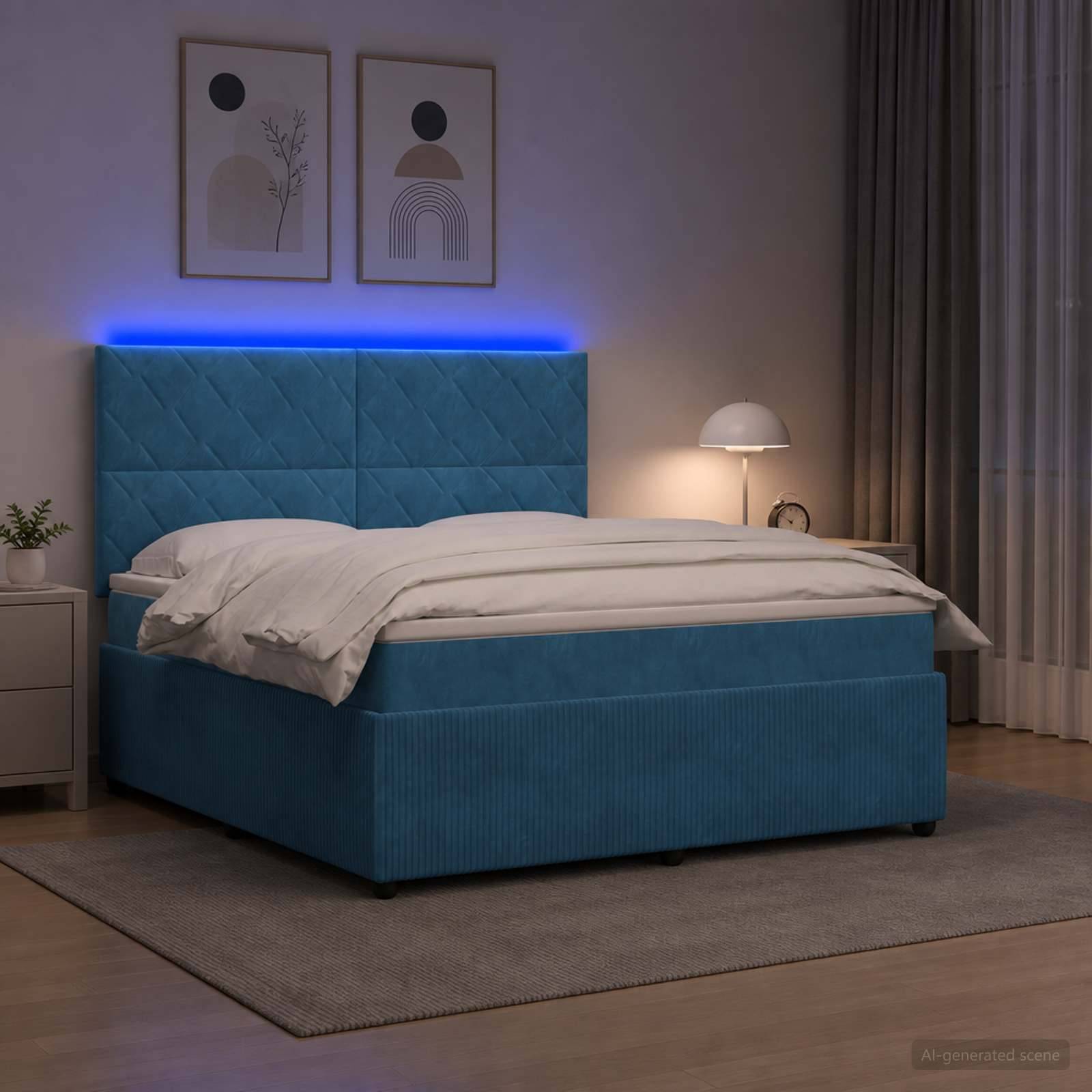 Bett mit blauem Polsterstoff und beleuchtetem Kopfteil in einem modernen Schlafzimmer, bezogen mit weißer Bettwäsche und Nachttischlampe.