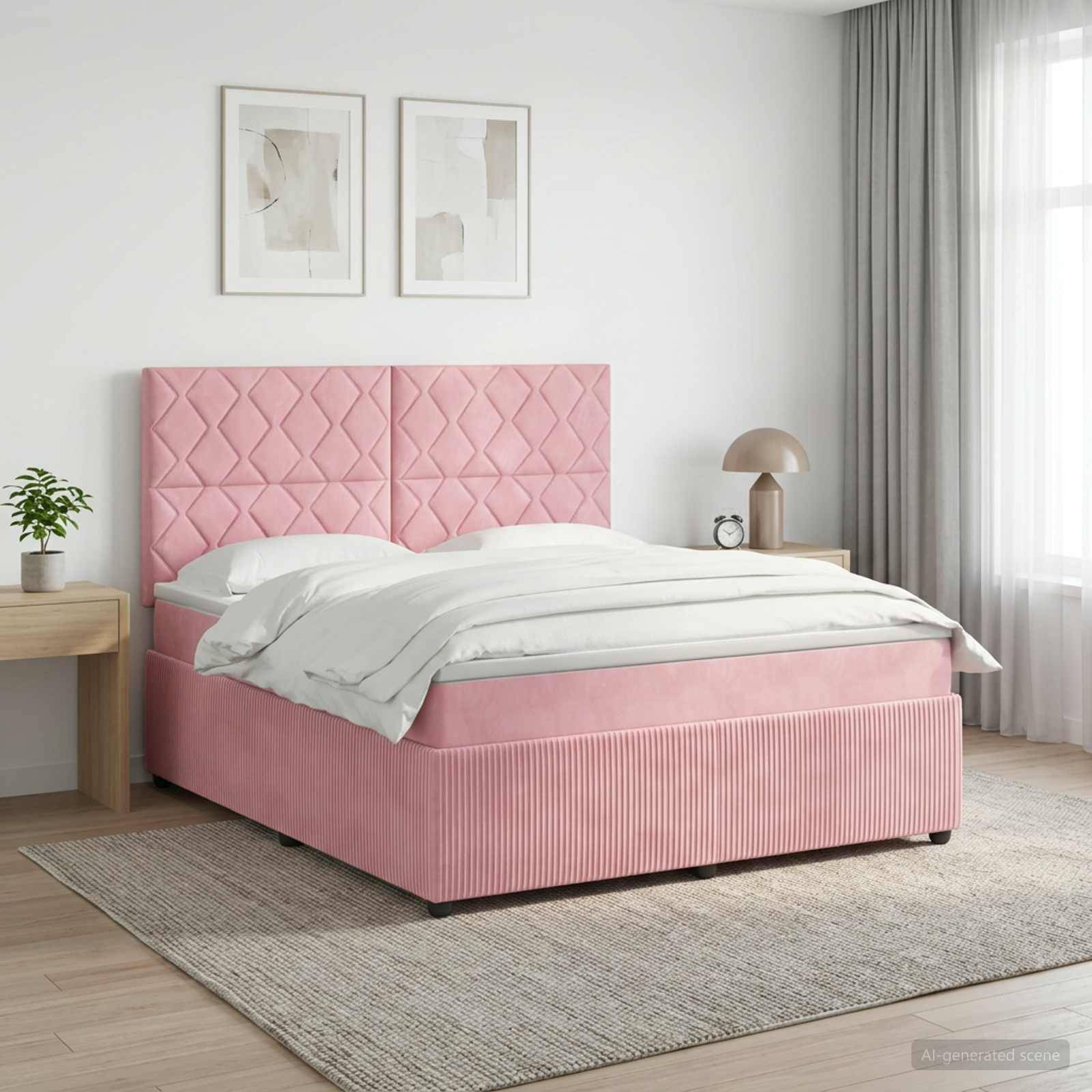 Bett mit rosa Polsterung und gestepptem Kopfteil in einem hellen, minimalistischen Schlafzimmer, mit weißer Bettwäsche, Nachttischen, Wandkunst und transparenten Vorhängen.
