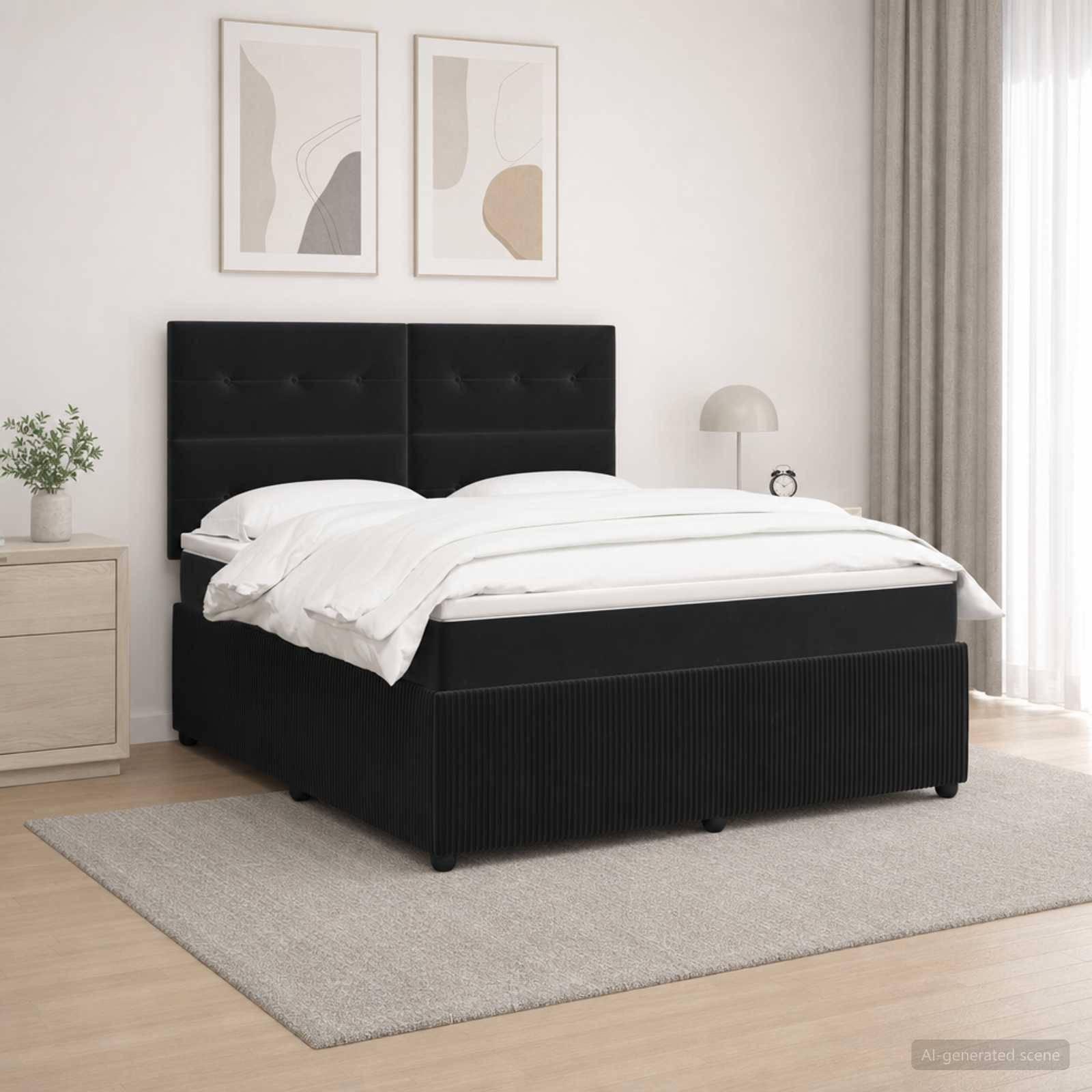 Modernes Schlafzimmer mit einem schwarz gepolsterten Bett, das in weiße Bettwäsche gekleidet ist, flankiert von einem Nachttisch, einer Lampe und abstrakter Wandkunst.