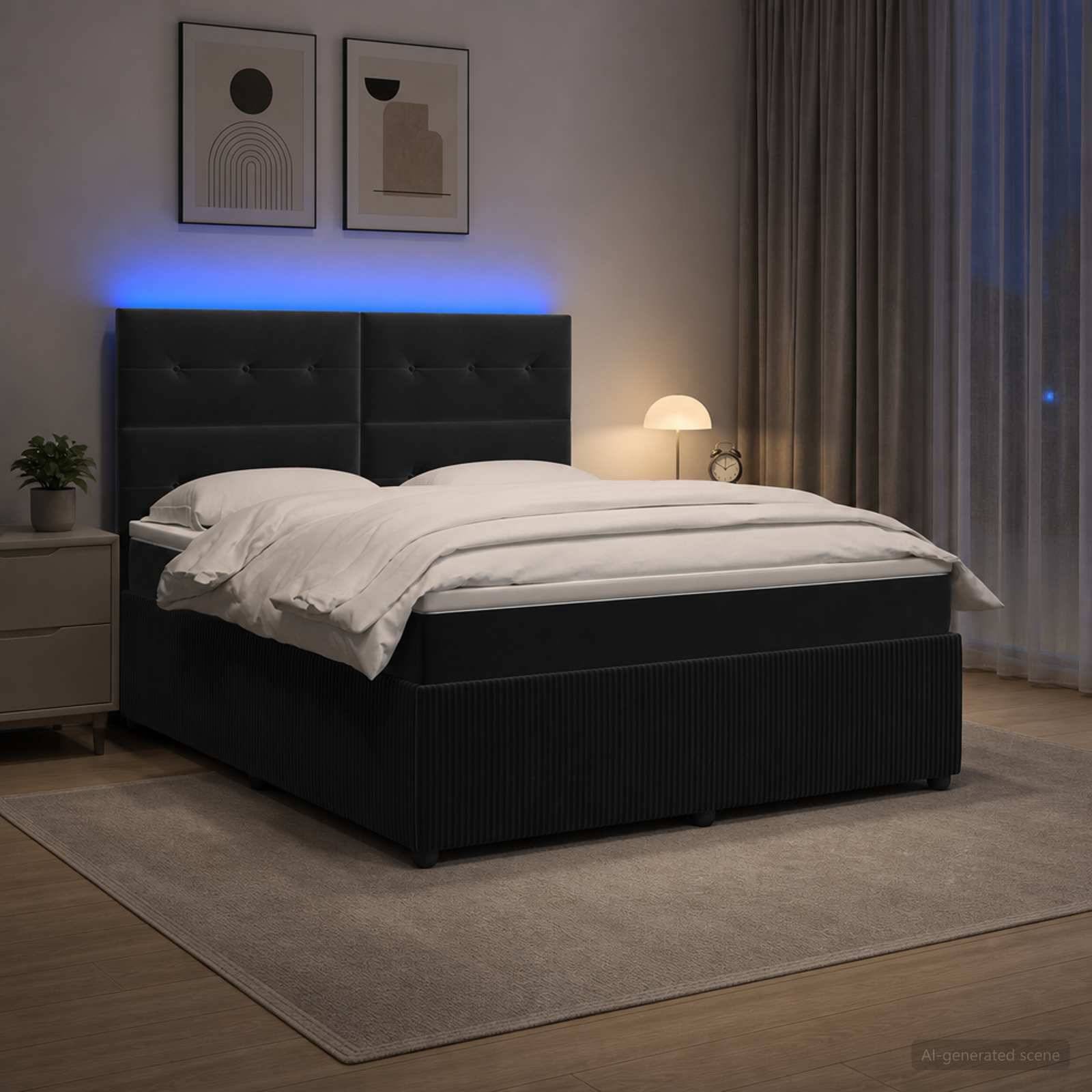 Modernes Schlafzimmer mit einem unmachten, schwarz gepolsterten Bett, weißer Bettwäsche, blauer LED-Kopfleuchte, Nachttischlampe und Wandkunst auf einem Teppich.