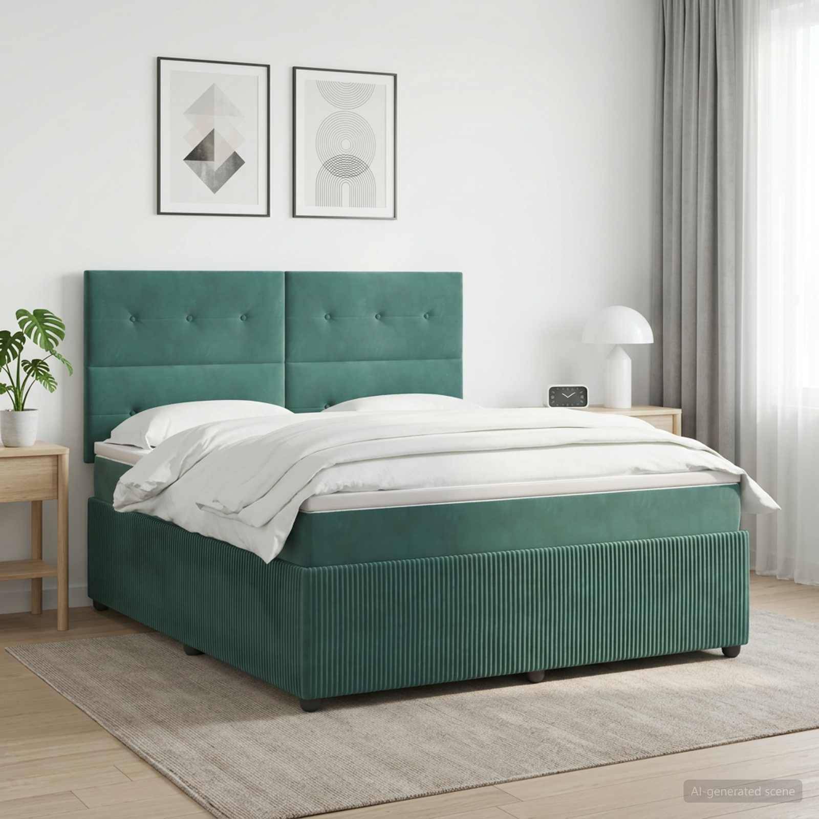 Modernes Schlafzimmer mit einem blaugrün gepolsterten Bett, weißer Bettwäsche, Nachttischen, gerahmten Wandbildern, Lampe, Pflanze und transparenten Vorhängen.