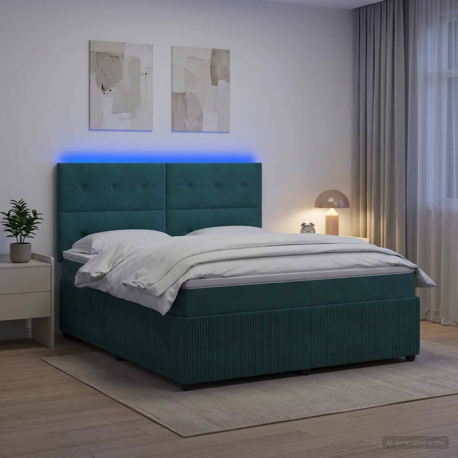 Modernes Schlafzimmer mit einem blaugrün gepolsterten Bett mit blauer LED-Hintergrundbeleuchtung, weißer Bettwäsche, Nachttischlampen, Vorhängen und minimalistischer Wandkunst.