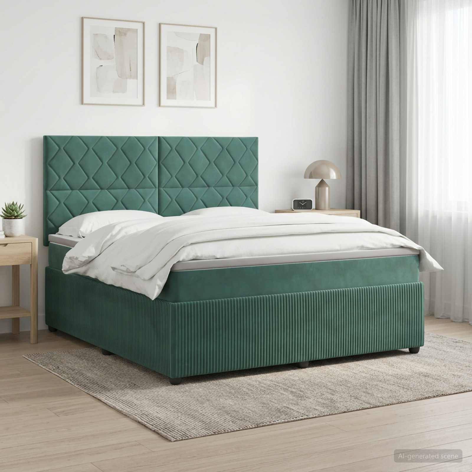 Modernes Schlafzimmer mit grünem gepolstertem Bett, weißer Bettwäsche, Nachttischen, gerahmten Wandbildern und transparenten Vorhängen im sanften Naturlicht.
