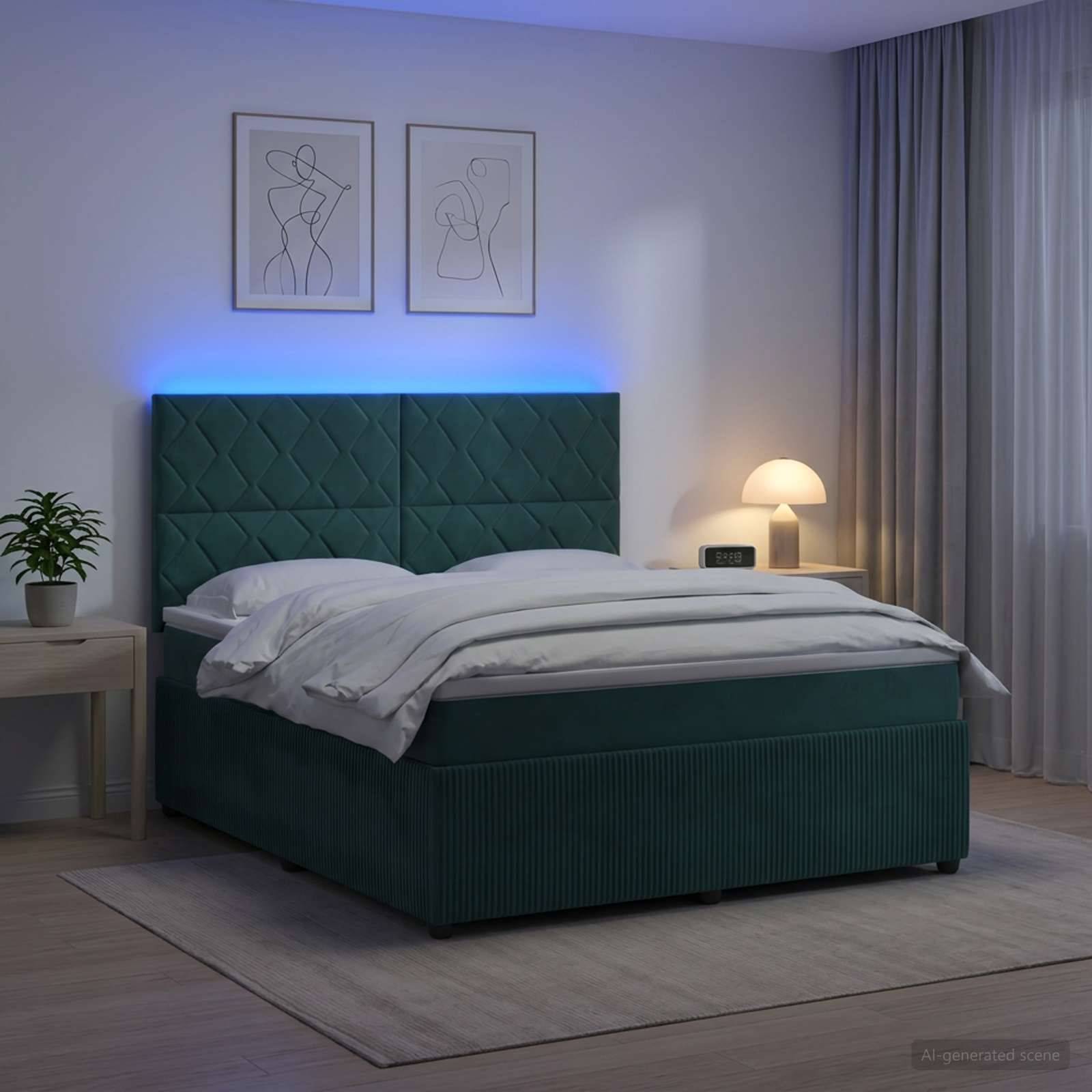 Modernes Schlafzimmer mit einem blaugrün gepolsterten Bett, weißer Bettwäsche, Nachttischlampe, Pflanze, Wandkunst und blauer Akzentbeleuchtung hinter dem Kopfteil.