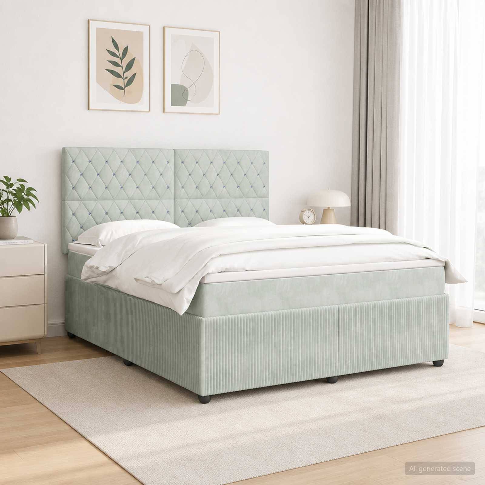 Mintgrünes gepolstertes Bett mit gestepptem Kopfteil in einem hellen minimalistischen Schlafzimmer, dargestellt mit weißer Bettwäsche, Nachttischen und Wandkunst.