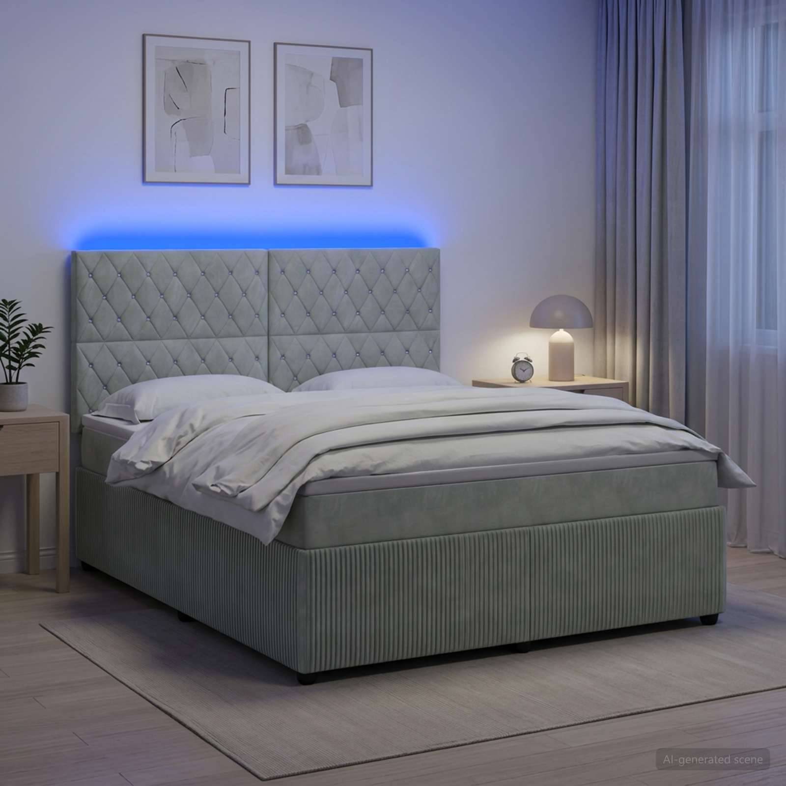 Modernes Schlafzimmer mit einem grau gepolsterten Bett, weißer Bettwäsche, blau hinterleuchtetem Kopfteil und einer Nachttischlampe neben einem Fenster mit Vorhängen.