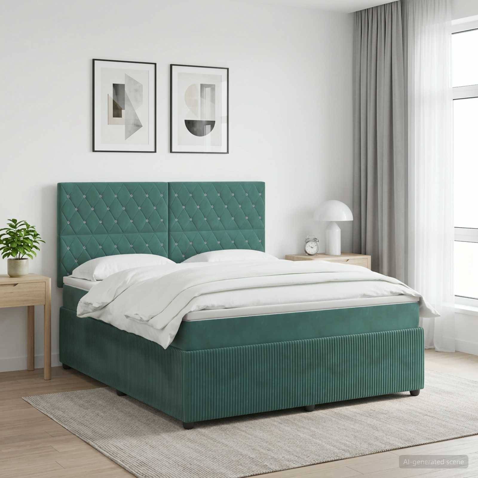 Grünes gepolstertes Bett mit gestepptem Kopfteil in einem hellen, minimalistischen Schlafzimmer, mit weißer Bettwäsche, Nachttischen und Wandkunst.