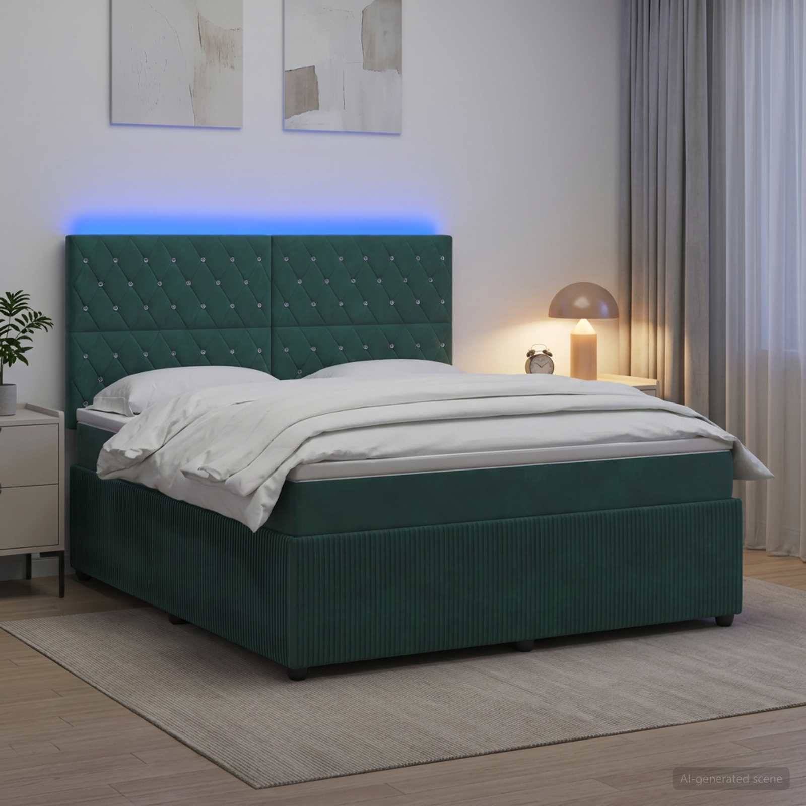 Modernes Schlafzimmer mit grünem Polsterbett, weißer Bettwäsche, blauer Hintergrundbeleuchtung, Nachttischlampe und Vorhängen in minimalem Interieur.