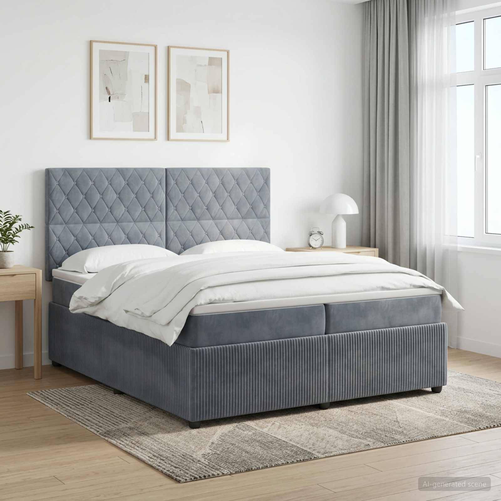 Modernes Schlafzimmer mit einem grau gepolsterten Bett, weißer Bettwäsche, Nachttisch, gerahmter Wandkunst und einem großen Fenster mit Vorhängen.