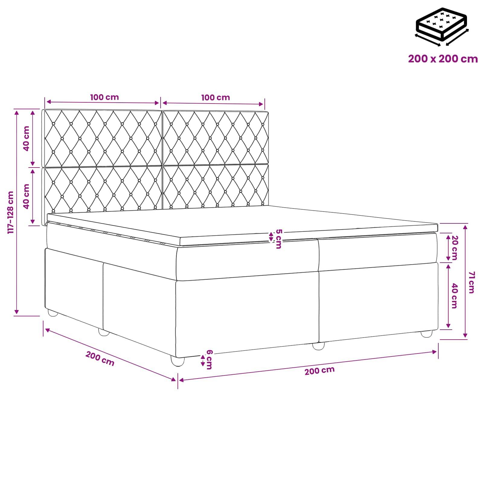 Diagramm eines Divanbetts mit gepolstertem Kopfteil, das eine Breite von 200 cm, eine Länge von 200 cm und Höhenmessungen für die Basis und das Kopfteil zeigt.