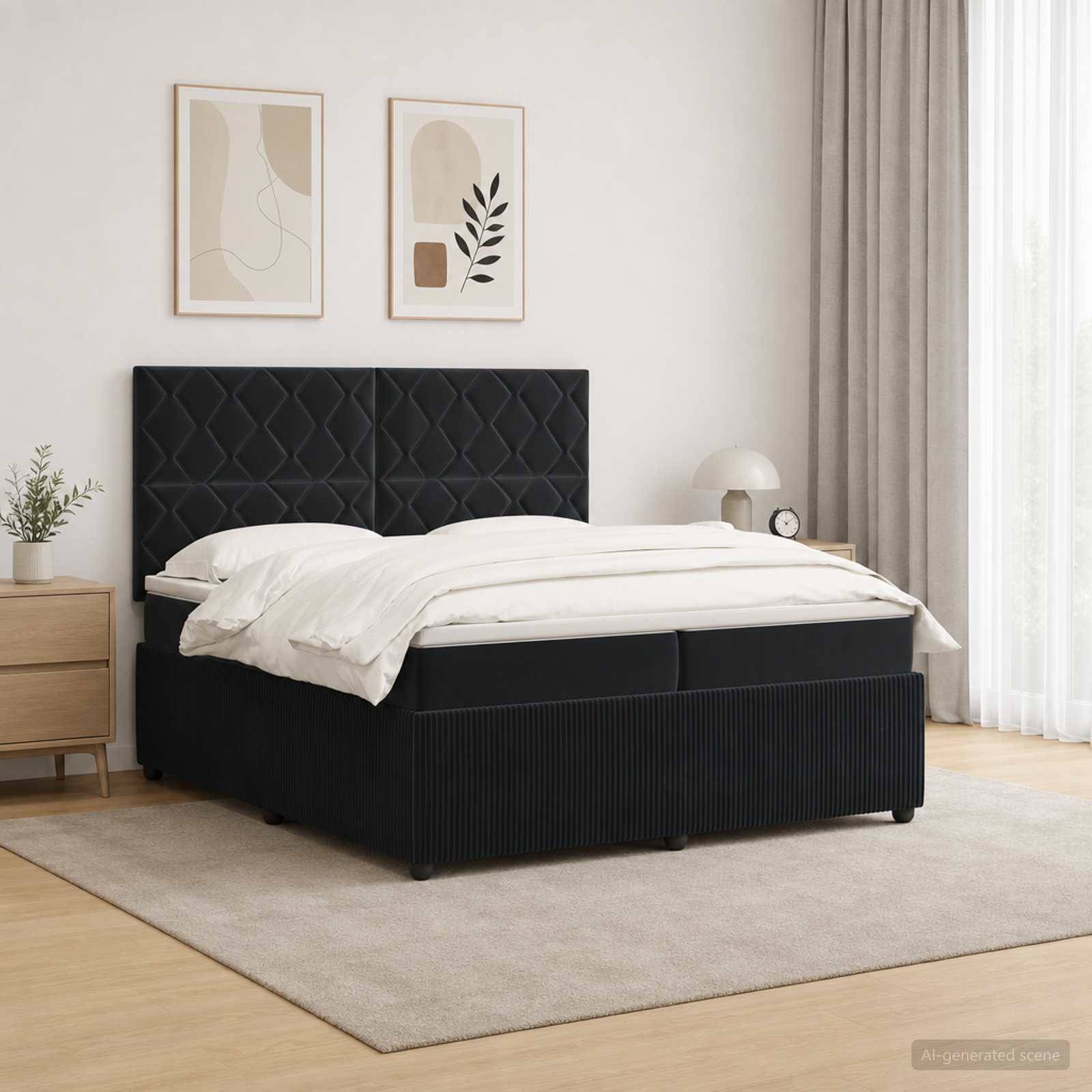 Modernes Schlafzimmer mit einem schwarz gepolsterten Bett, weißer Bettwäsche, beigem Teppich, Nachttisch, Wandkunst und transparenten Vorhängen in einem hellen, minimalistischen Raum.