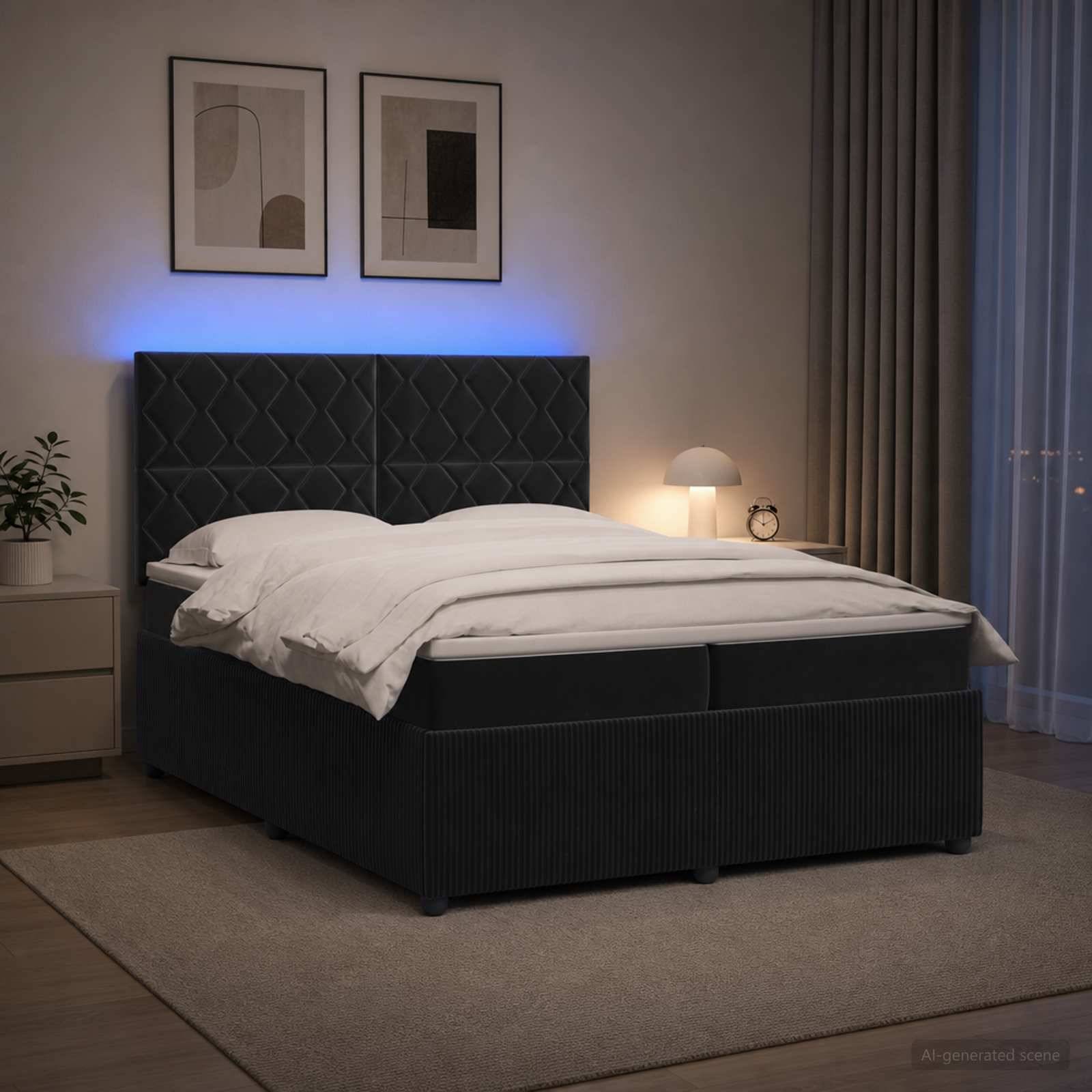 Modernes Schlafzimmer mit dunkel gepolstertem Bett, weißer Bettwäsche, blau hinterleuchtetem Kopfteil, Nachttischlampe, Wandkunst und Vorhängen.