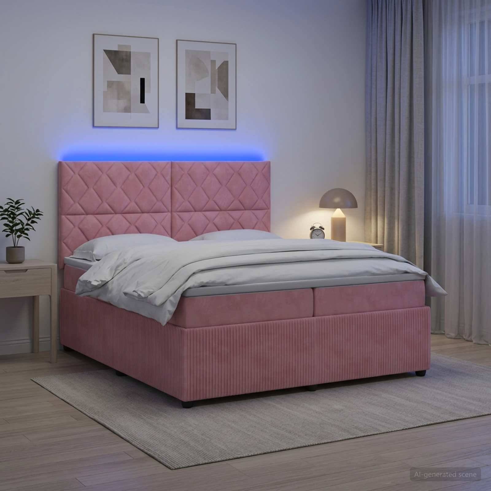 Rosafarbenes Bett mit Polsterung, gestepptem Kopfteil und blauem LED-Streifen in einem modernen Schlafzimmer, bezogen mit weißer Bettwäsche und Nachttischlampe.