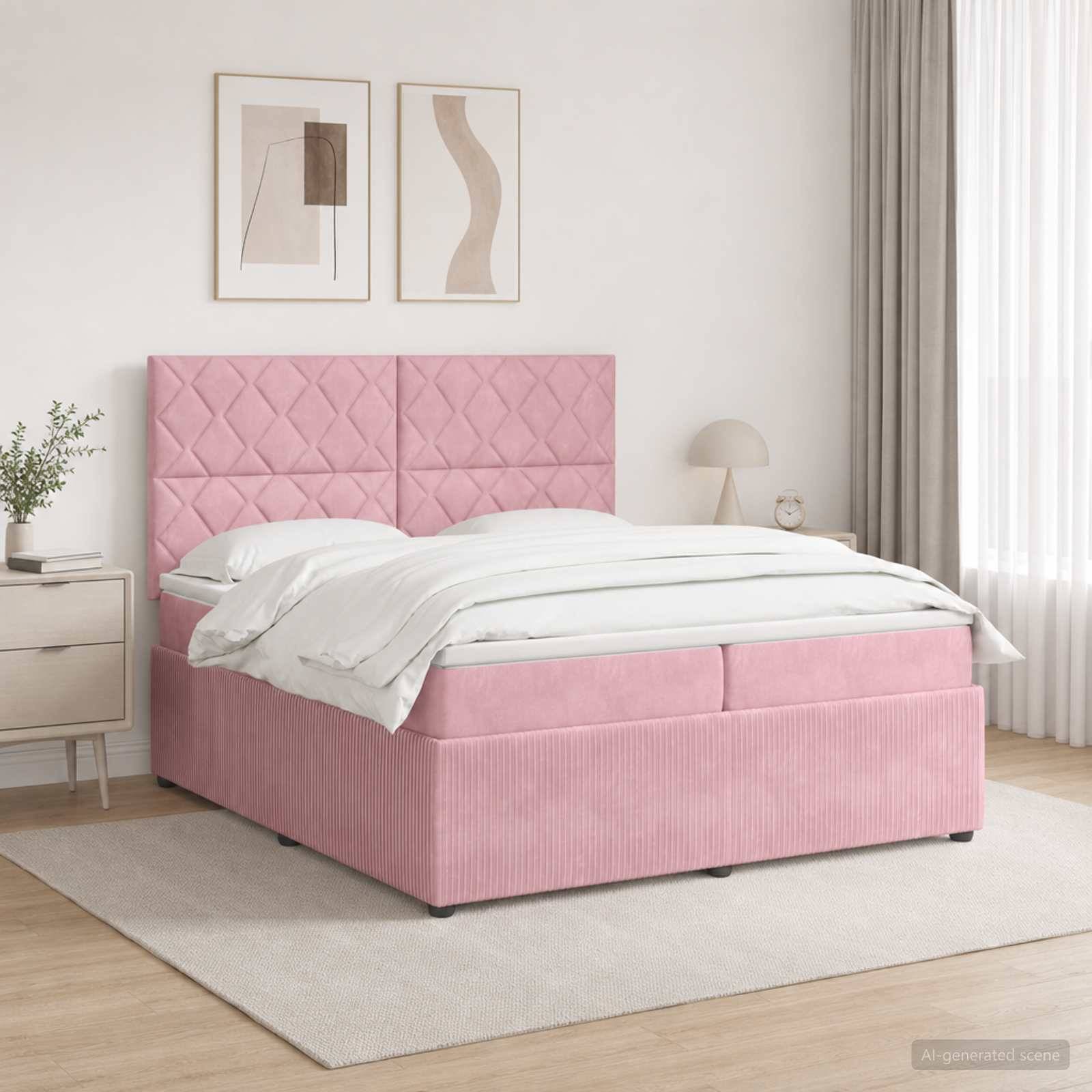 Rosa gepolstertes Bett mit gestepptem Kopfteil und passender Basis in einem hellen, minimalistischen Schlafzimmer.