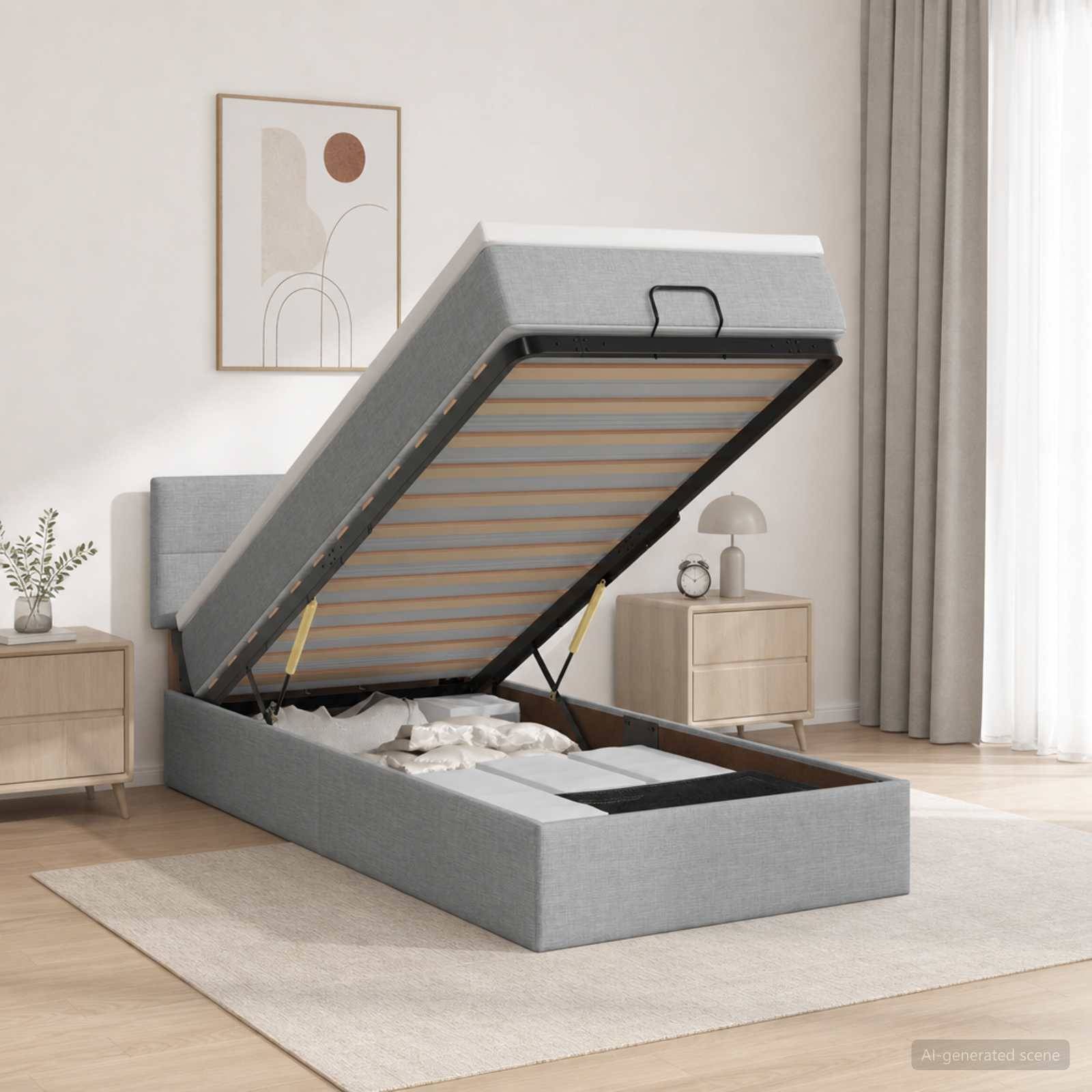 Grau gepolstertes Bettgestell mit Hubmechanismus und erhöhter Matratzenunterlage, zeigt Stauraum unter dem Bett in einem minimalistischen Schlafzimmer.