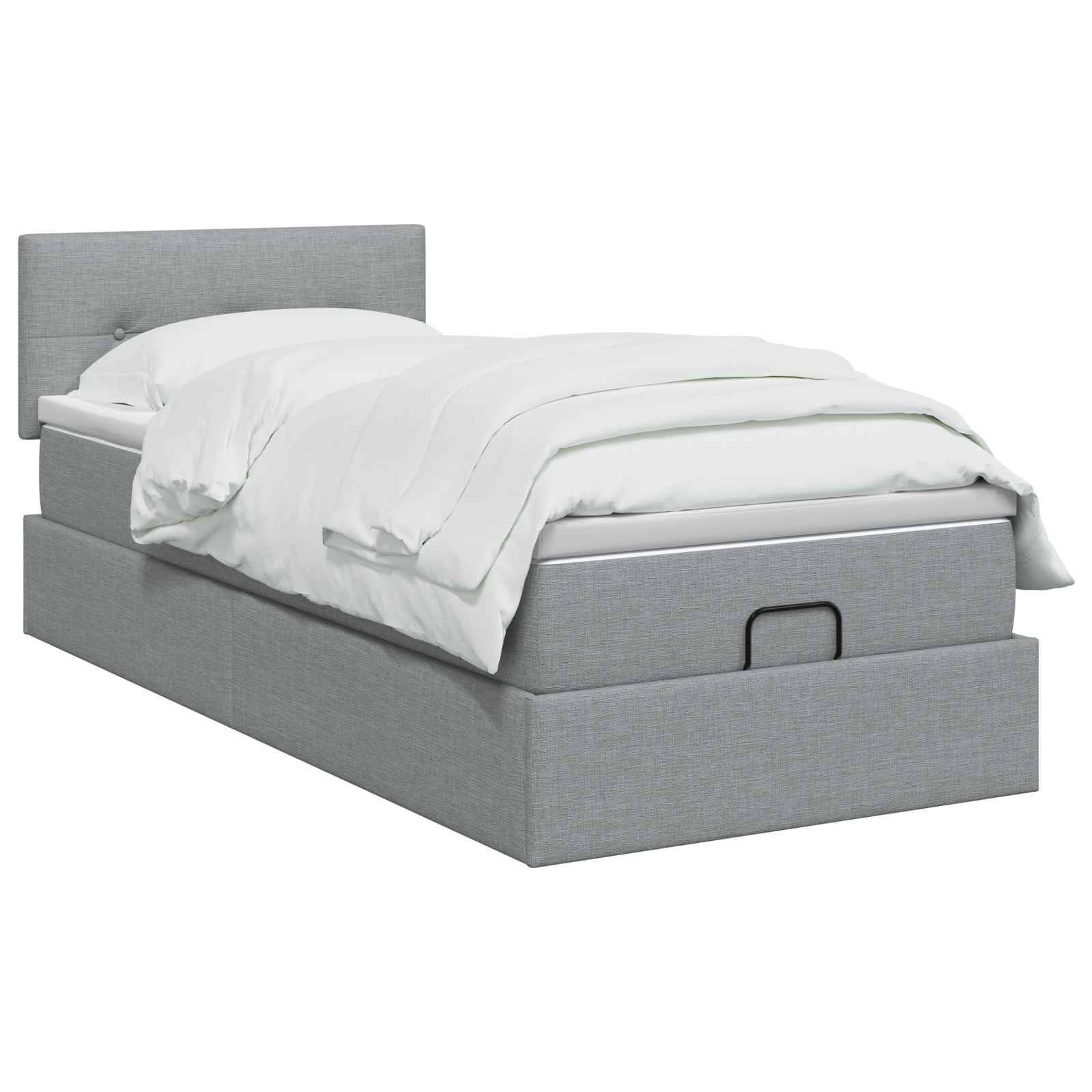 Grau gepolstertes Bett mit weißer Bettwäsche, dargestellt mit teilweise angehobenem Lattenrost, um den Stauraum unter dem Bett zu zeigen.