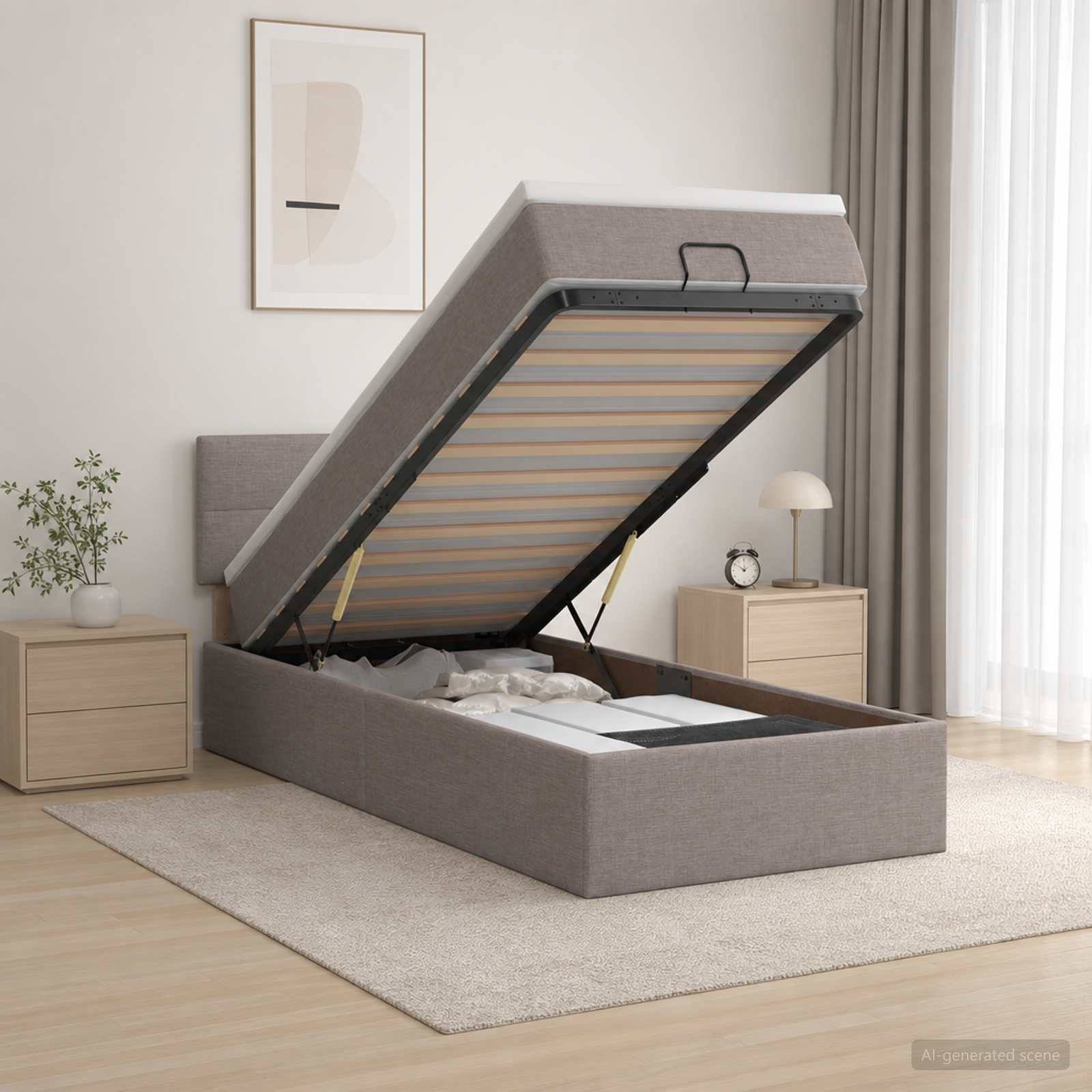 Grau gepolstertes Bett mit Hubmechanismus in minimalistische Schlafzimmer, das Stauraum unter der Matratze freigibt.