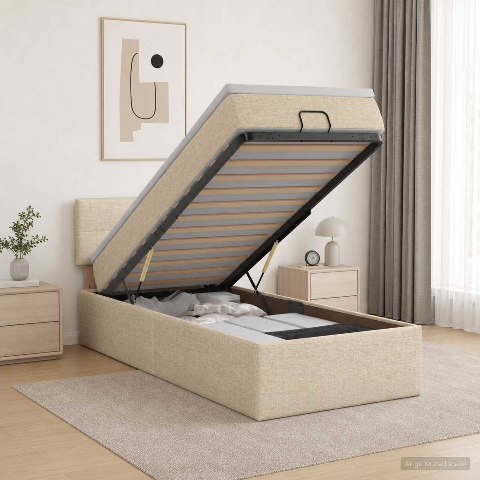 Beige gepolstertes Speicherbett mit angehobenem Klappmatrat, das das Unter-Bett-Fach in einem hellen Schlafzimmer zeigt.
