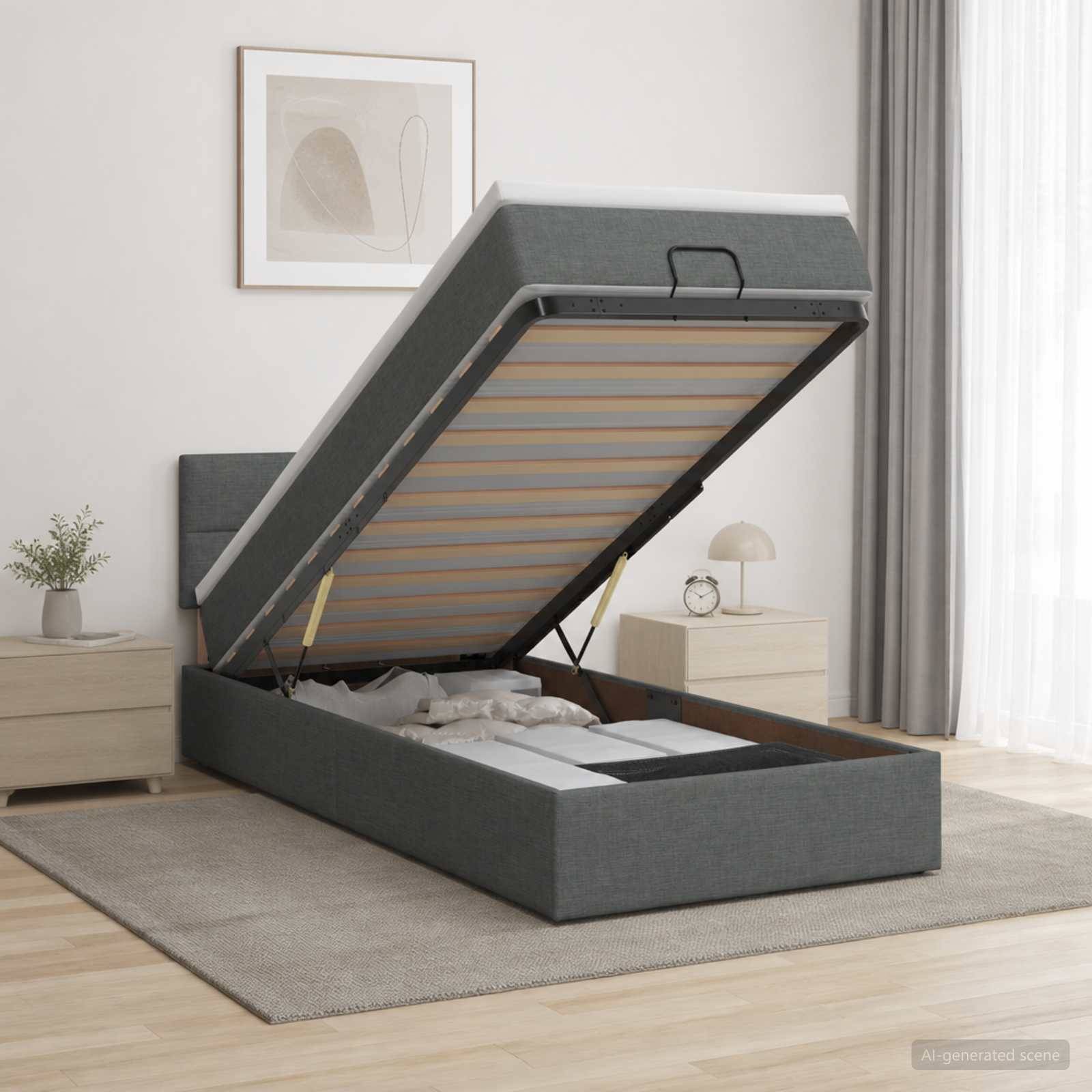 Graues gepolstertes Bett mit Stauraum-Hubmatratzenplattform, offen in einem hellen minimalistischen Schlafzimmer
