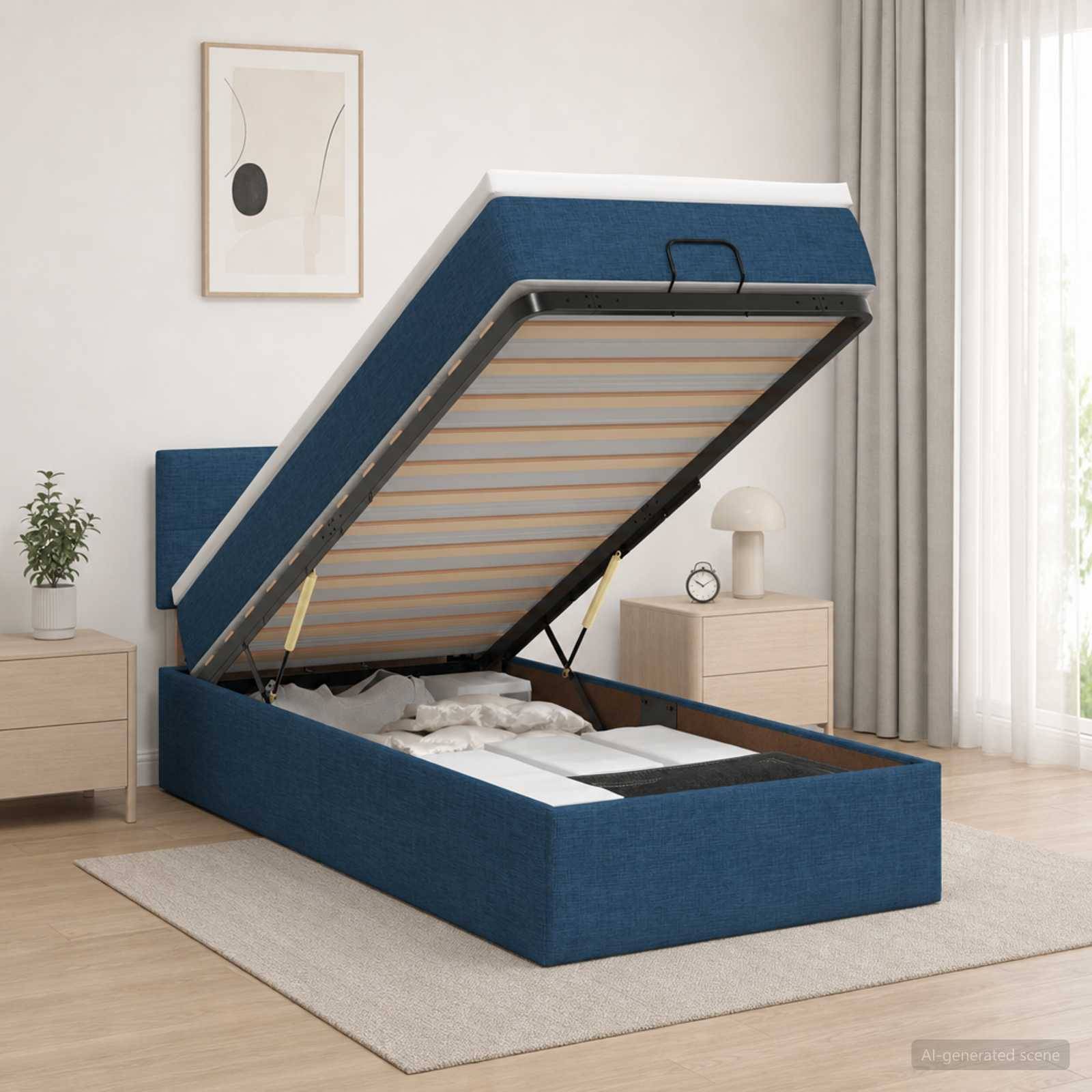 Blaues Polsterbett mit Stauraum und angehobenem Lattenrost auf einem Scharnierrahmen, der den Stauraum unter dem Bett in einem hellen Schlafzimmer freilegt.