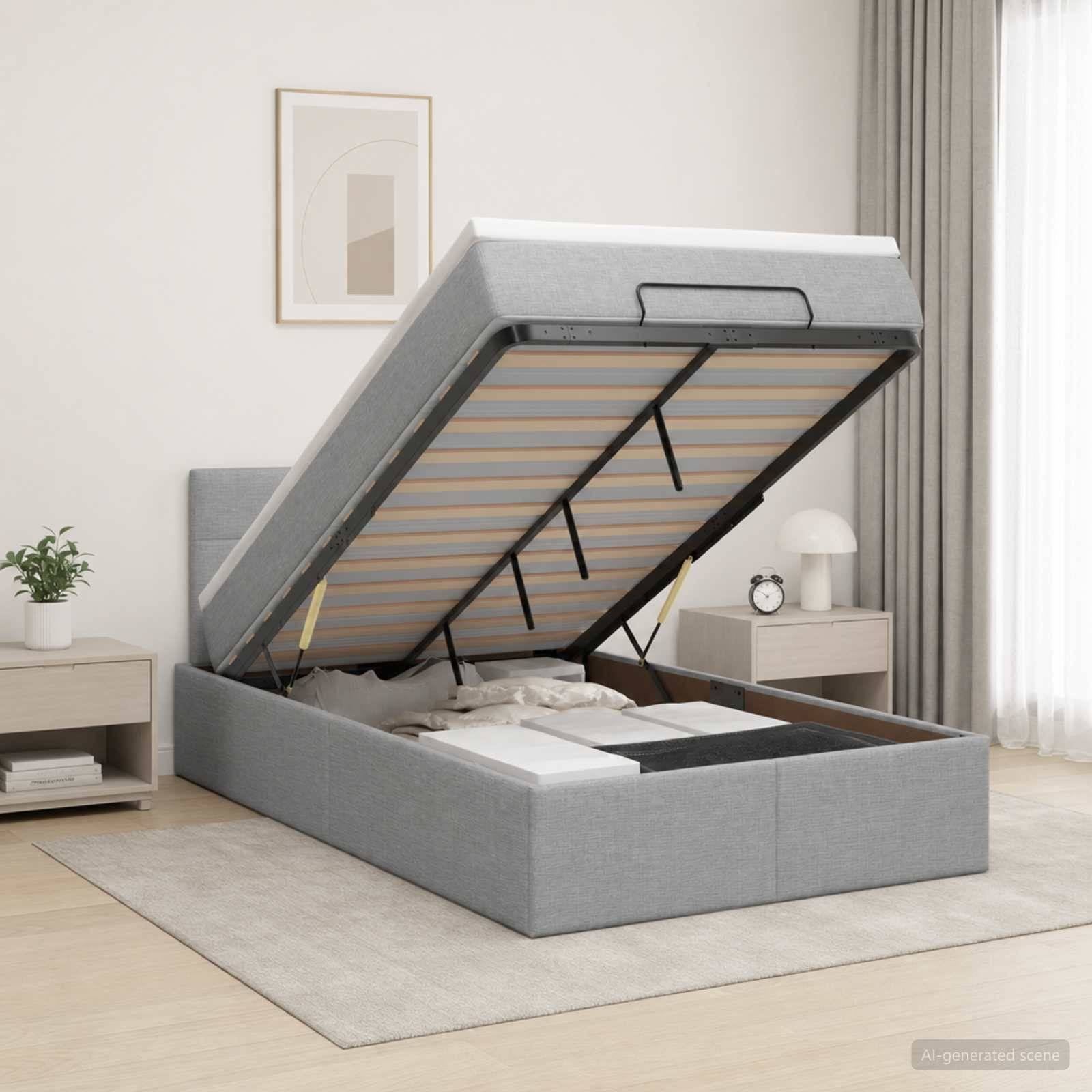 Grau gepolstertes Speicherbett mit Matratzenplattform, die auf Gasfedern angehoben ist, in einem modernen Schlafzimmer, das Stauraum unter dem Bett offenbart.